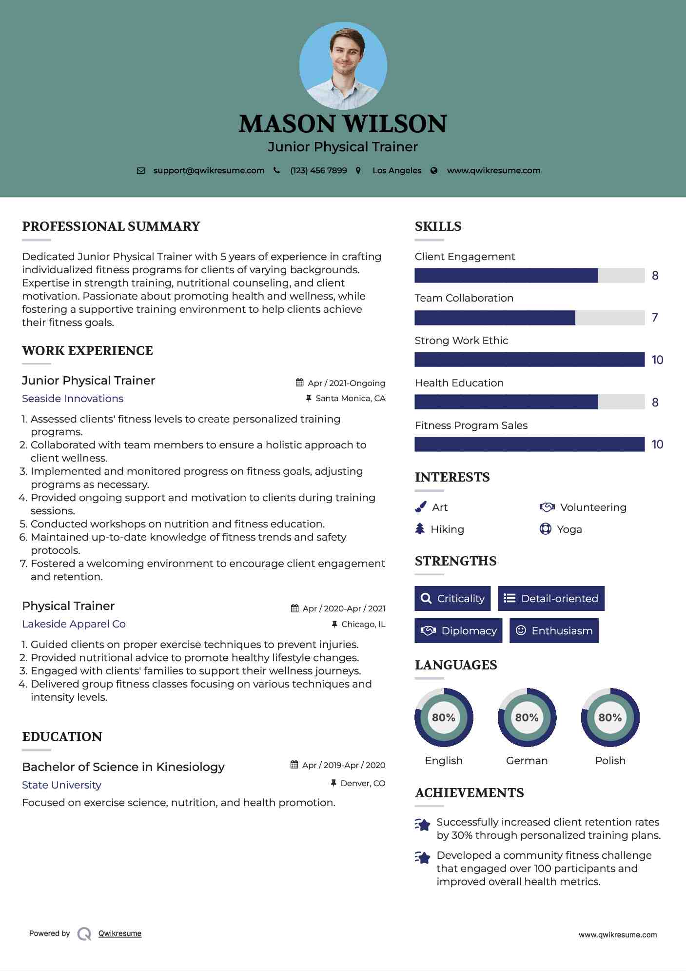Junior Physical Trainer Resume Example