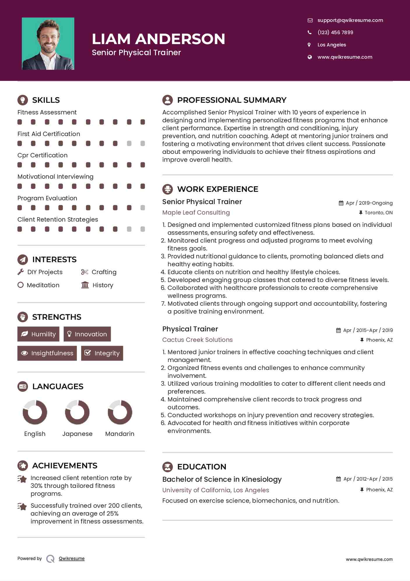 Senior Physical Trainer Resume Example