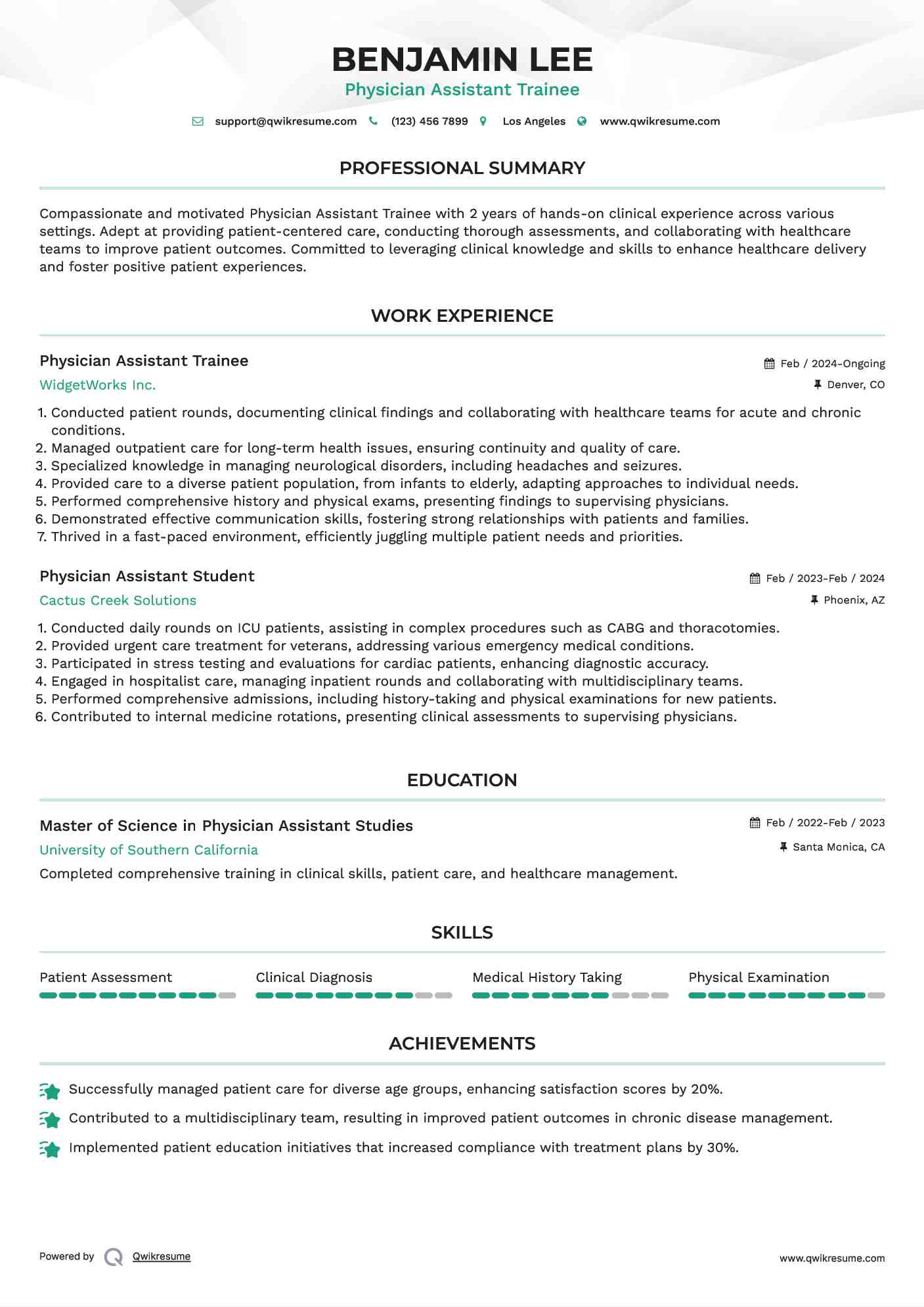 Physician Assistant Trainee Resume Format