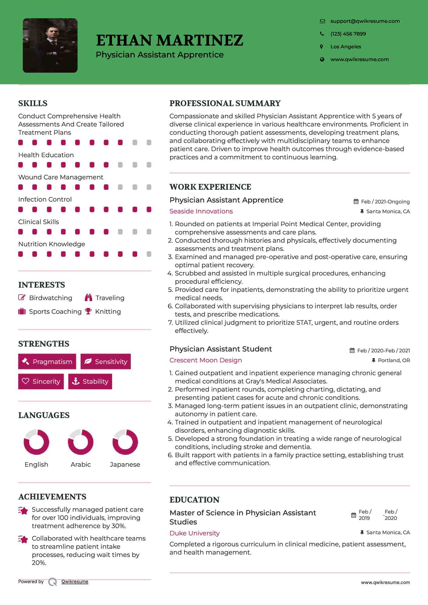 Physician Assistant Apprentice Resume Template