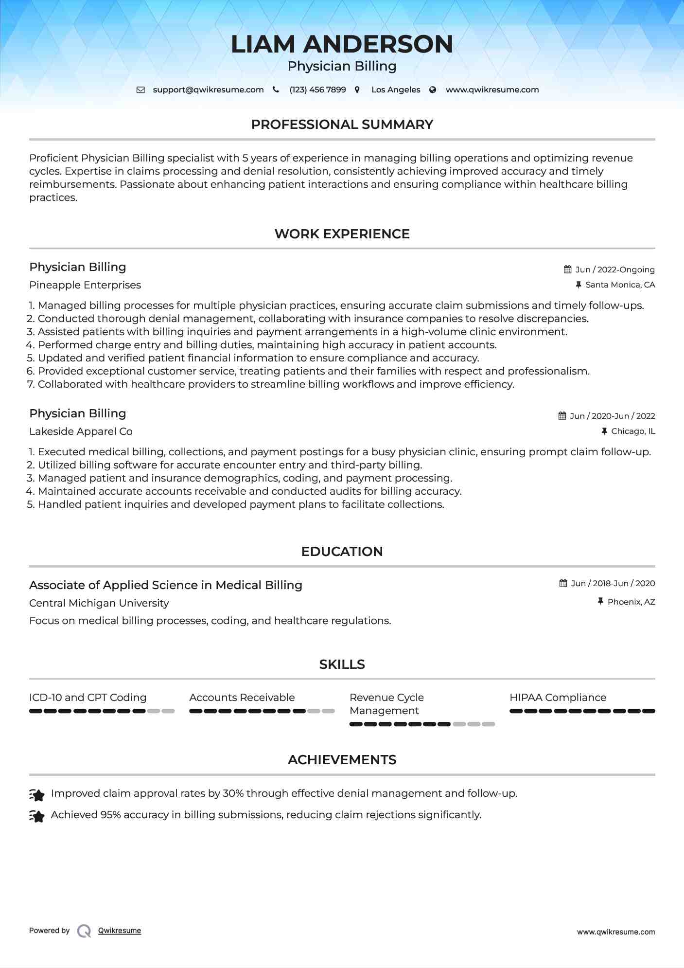 Physician Billing Resume Sample