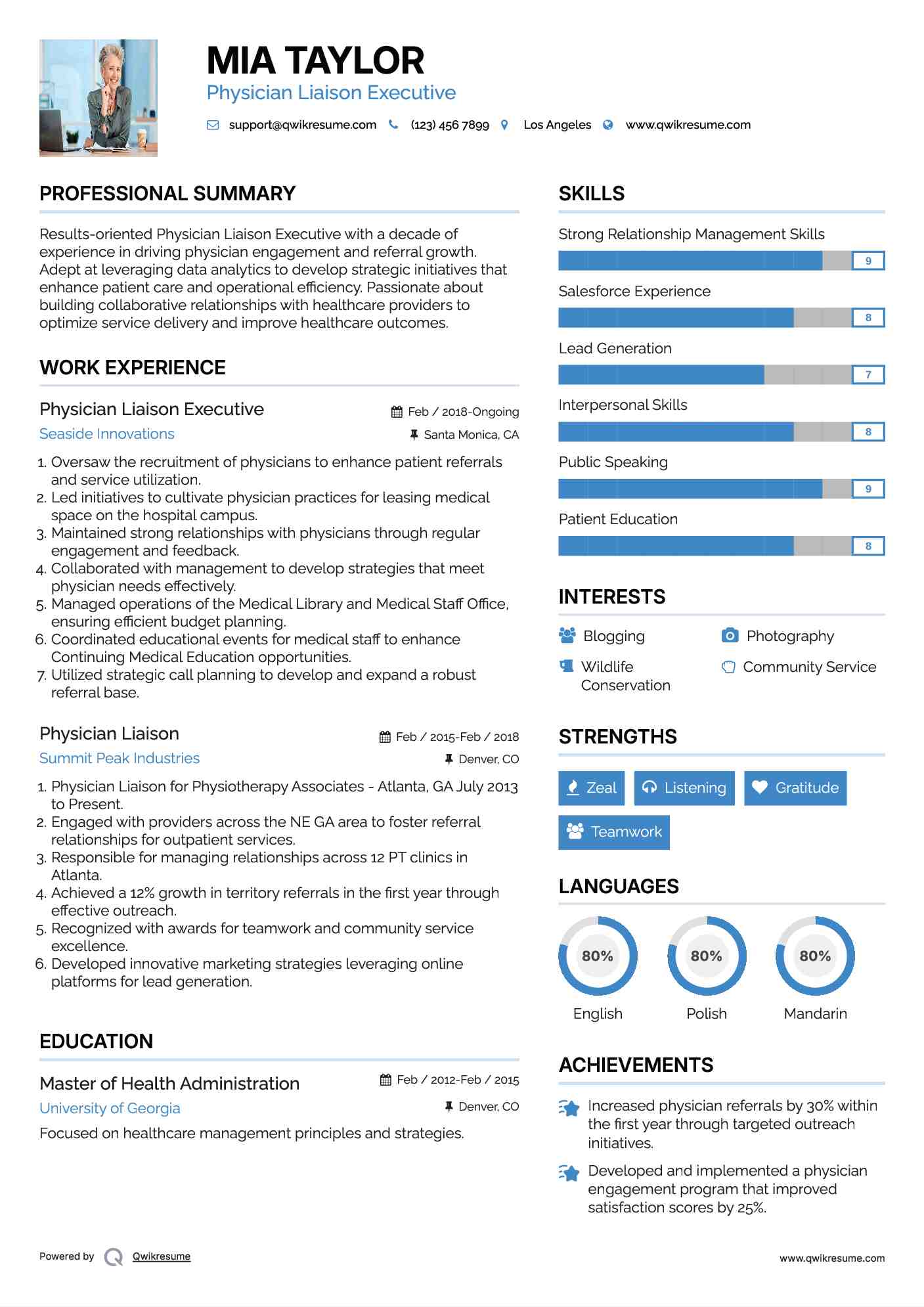 Physician Liaison Executive Resume Model