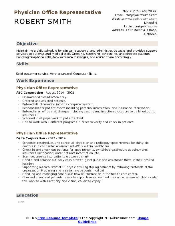 Physician Office Representative Resume Samples QwikResume