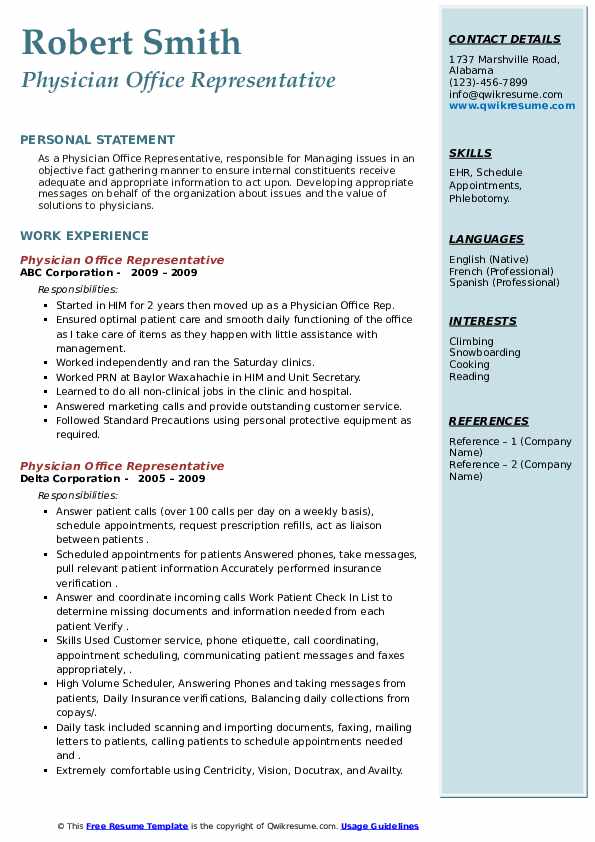 Physician Office Representative Resume Samples QwikResume