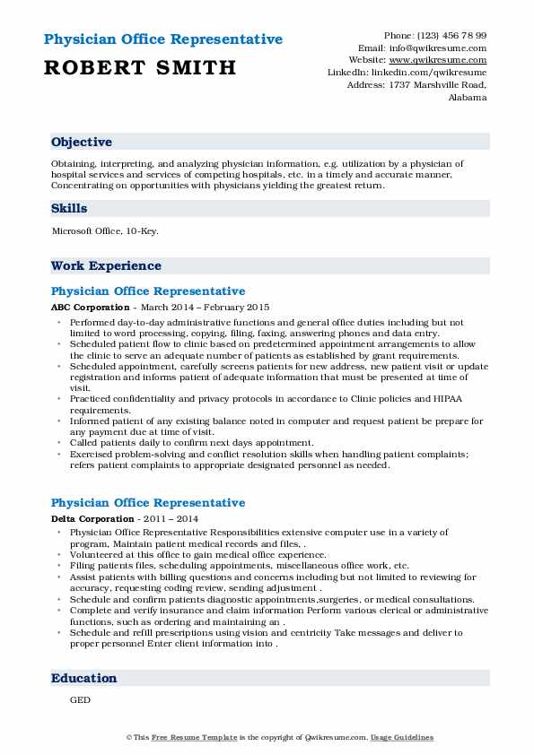 Physician Office Representative Resume Samples QwikResume