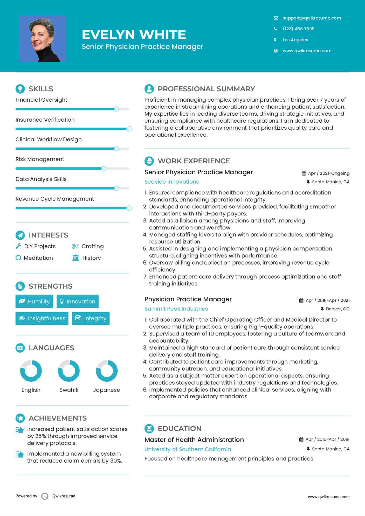 Senior Physician Practice Manager Resume Example