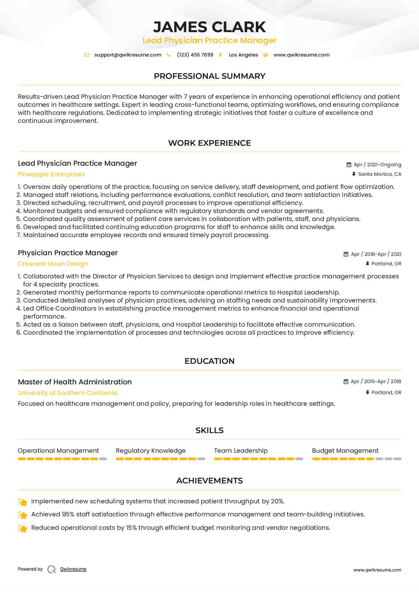 Lead Physician Practice Manager Resume Template