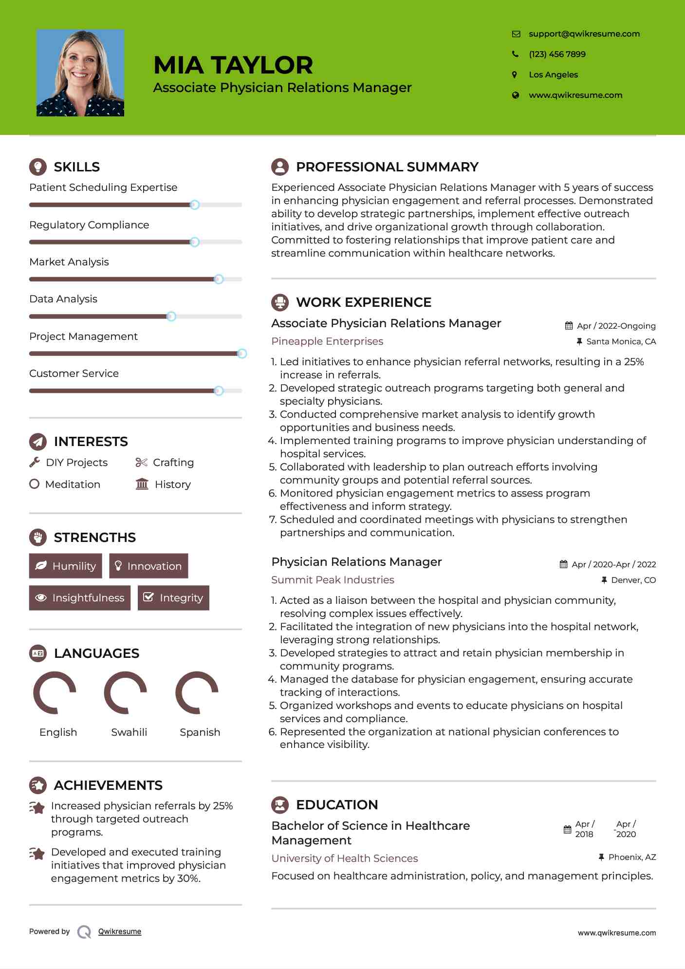 Associate Physician Relations Manager Resume Example