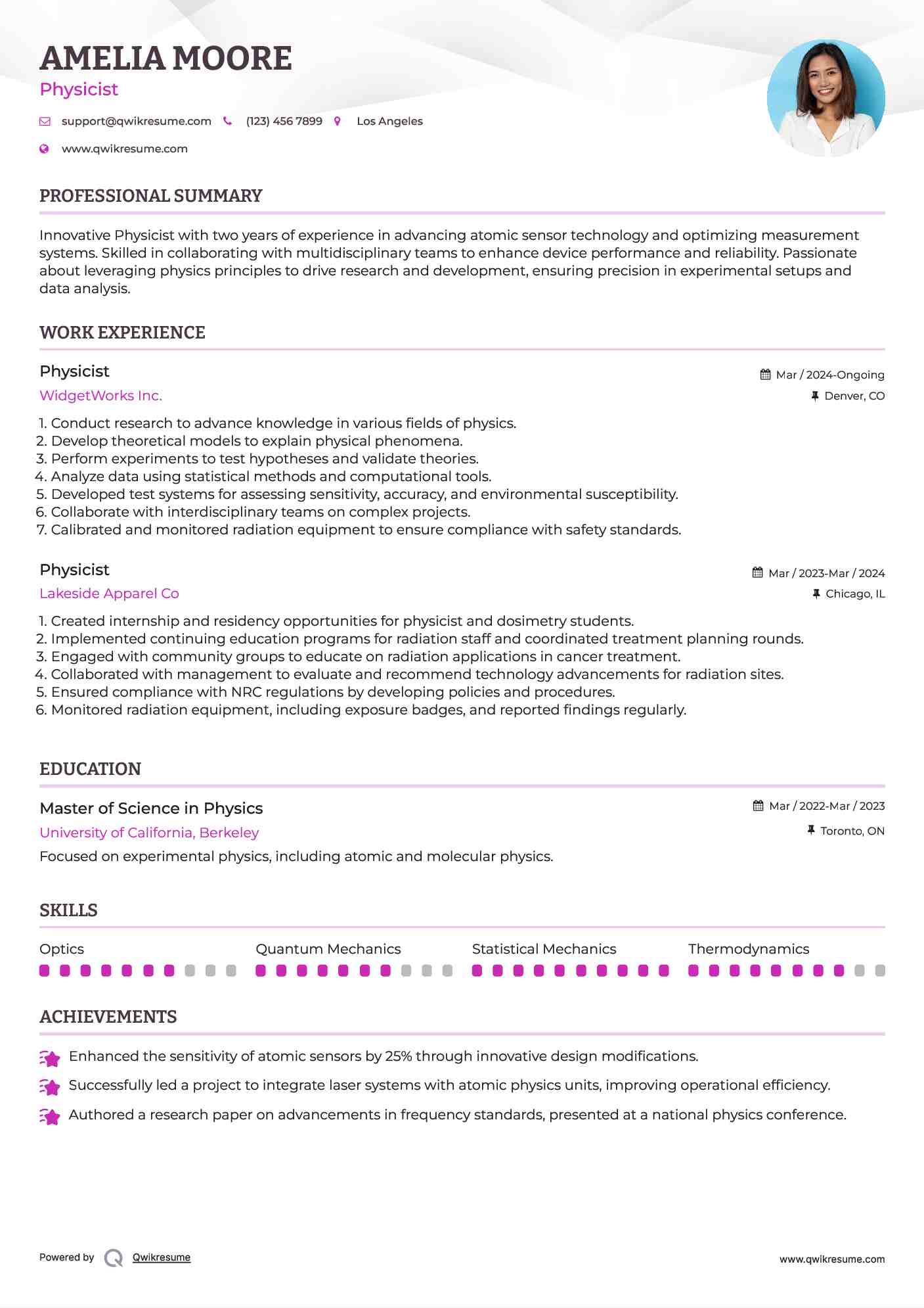 Physicist Resume Sample