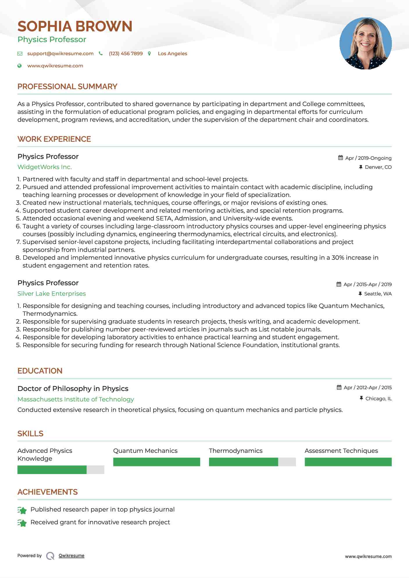 Physics Professor Resume Sample