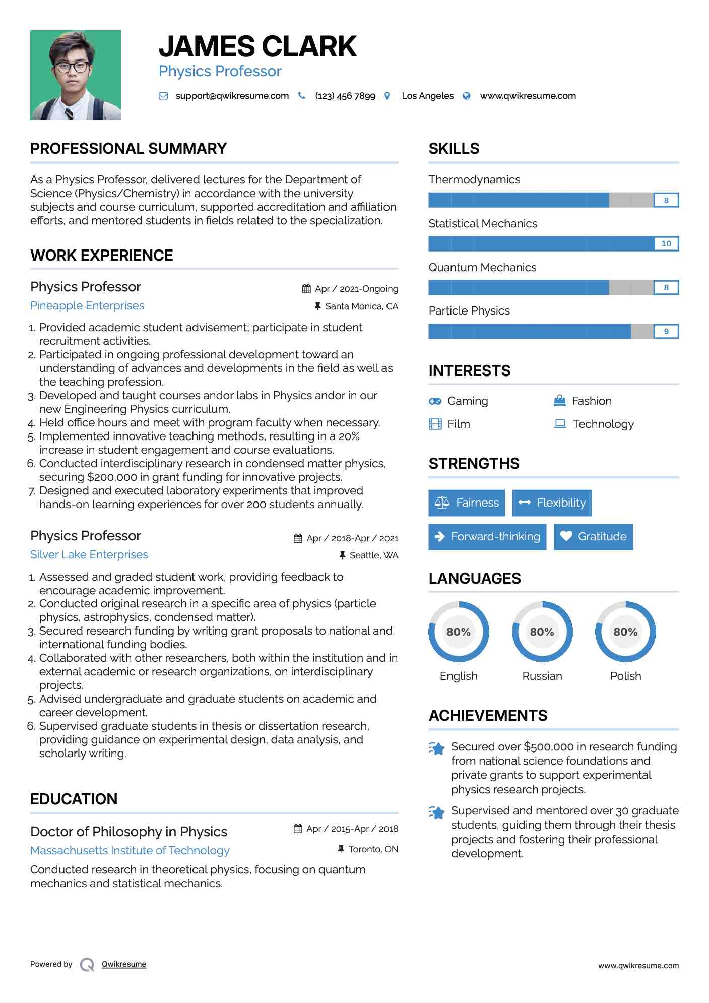 Physics Professor Resume Model