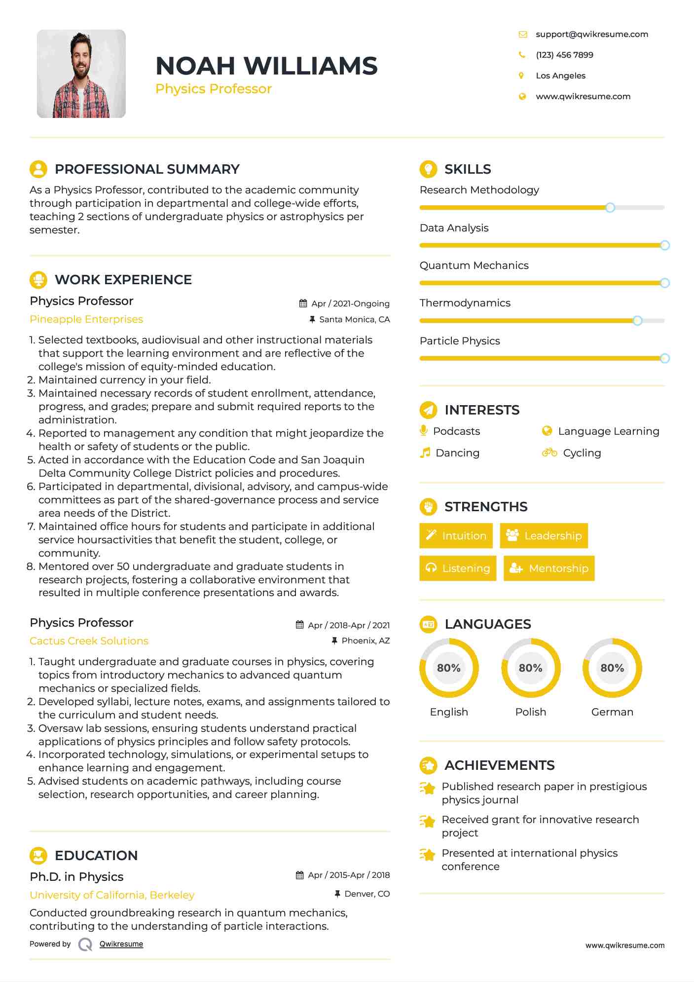 Physics Professor Resume Model