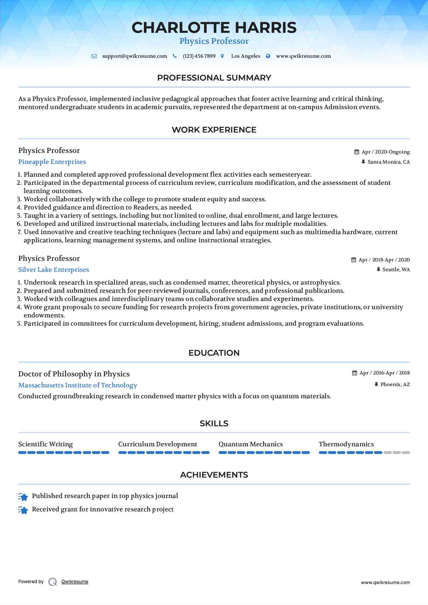 Physics Professor Resume Format