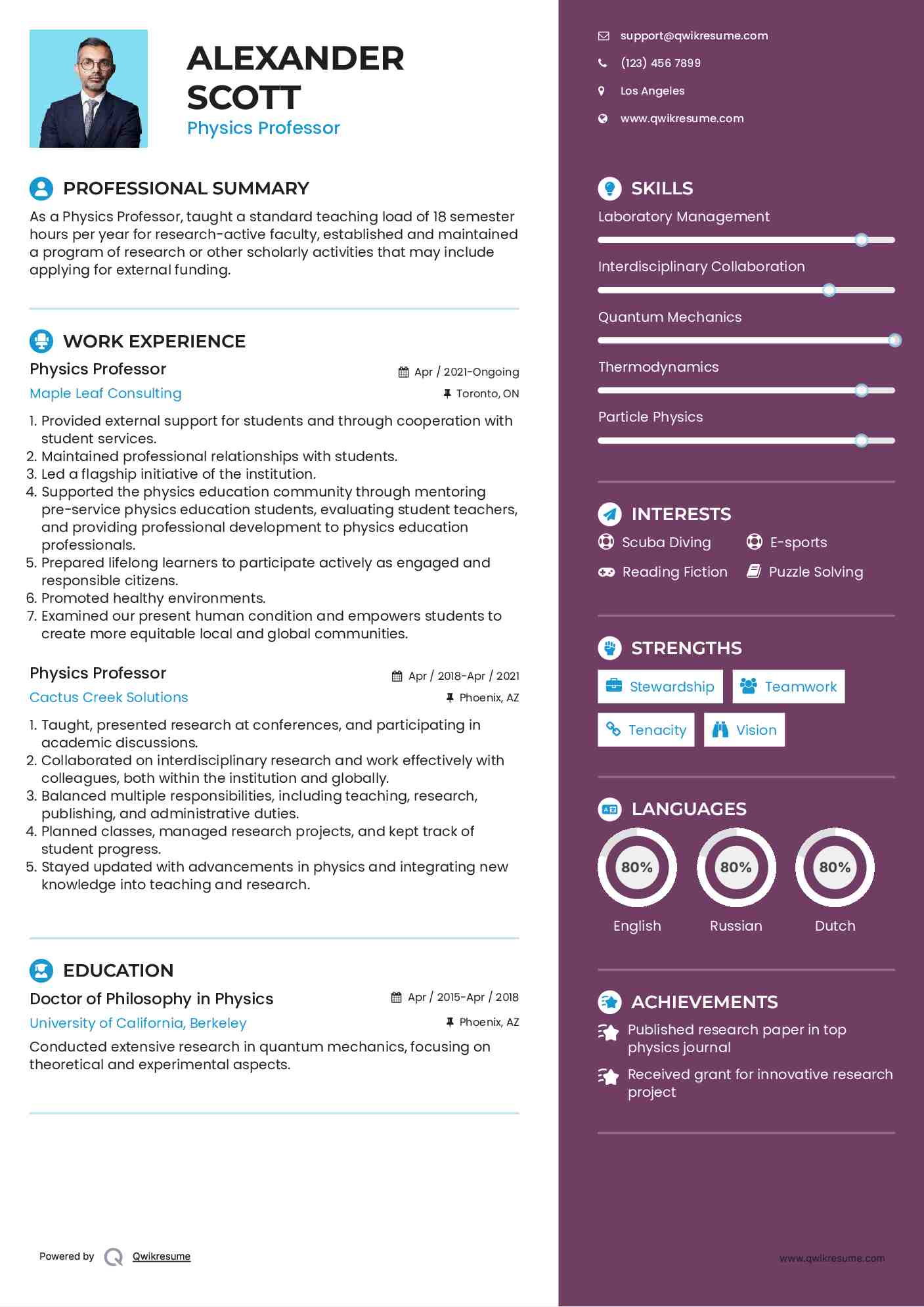 Physics Professor Resume Format
