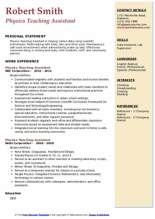 Physics Teaching Assistant Resume - Physics Teaching Assistant 1666689614 Pdf