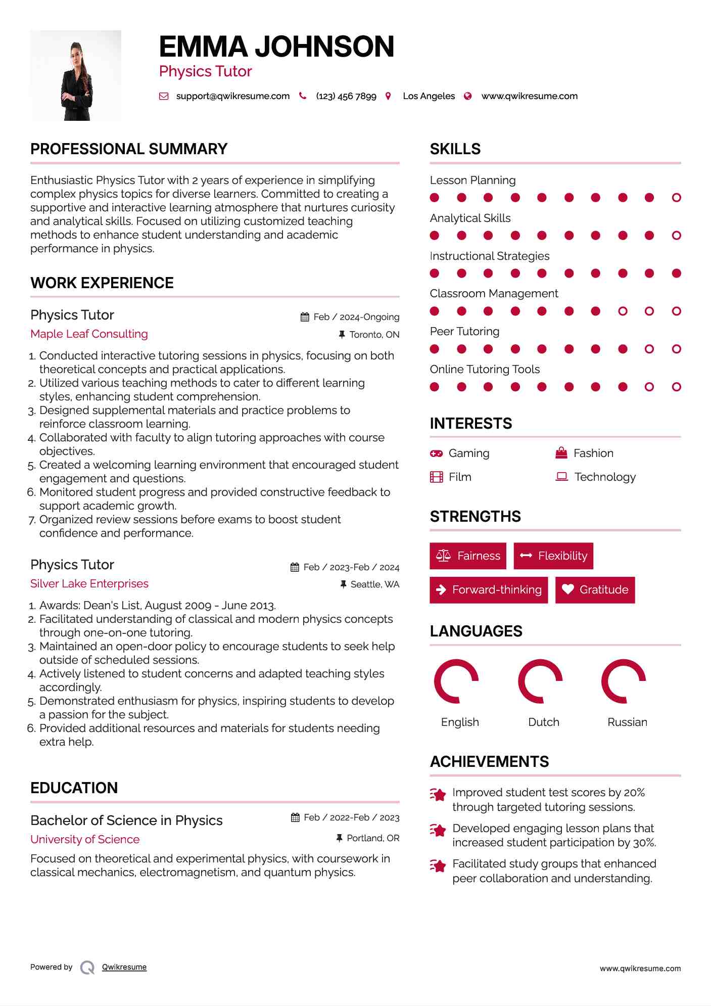 Physics Tutor Resume Model