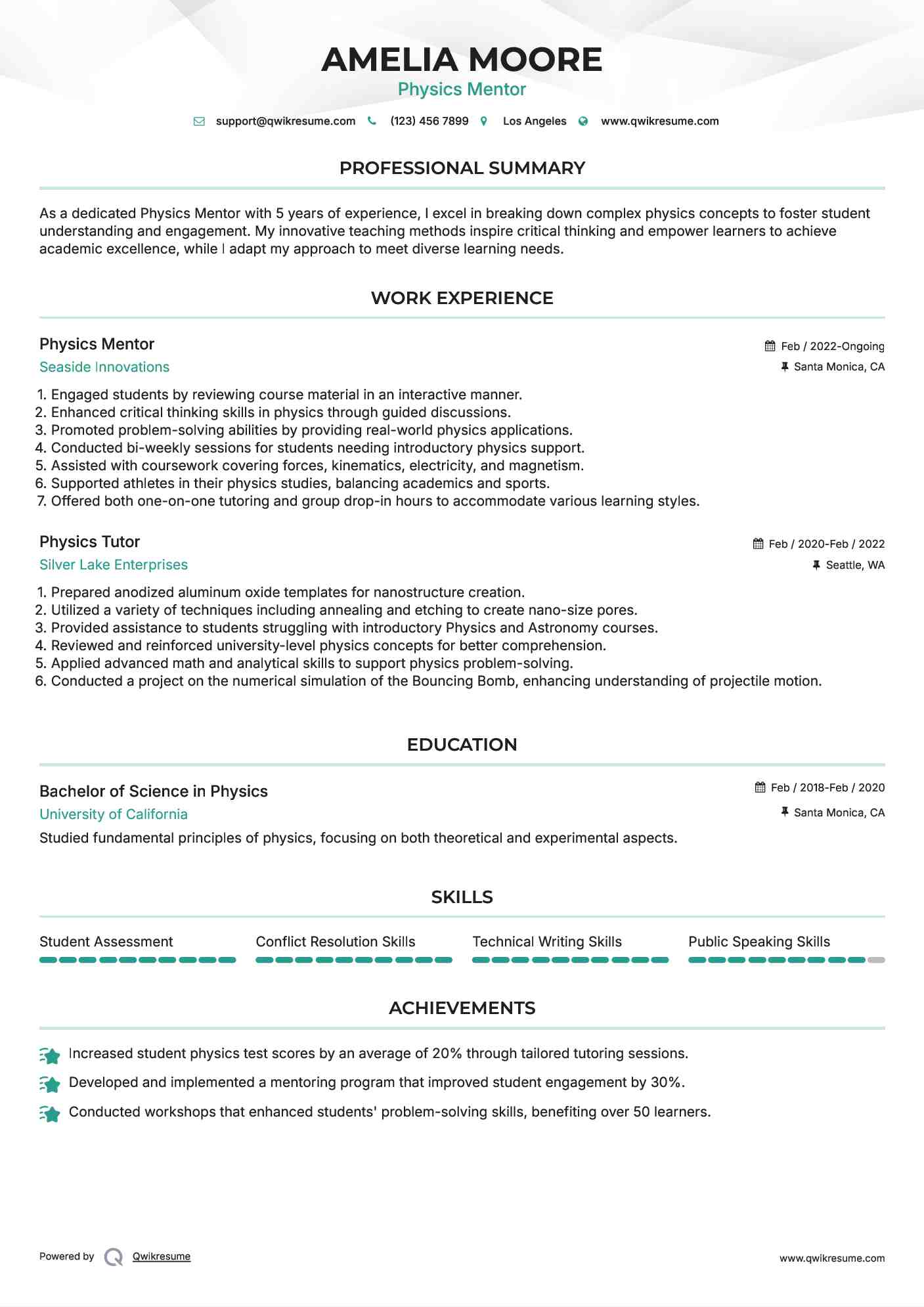 Physics Mentor Resume Sample