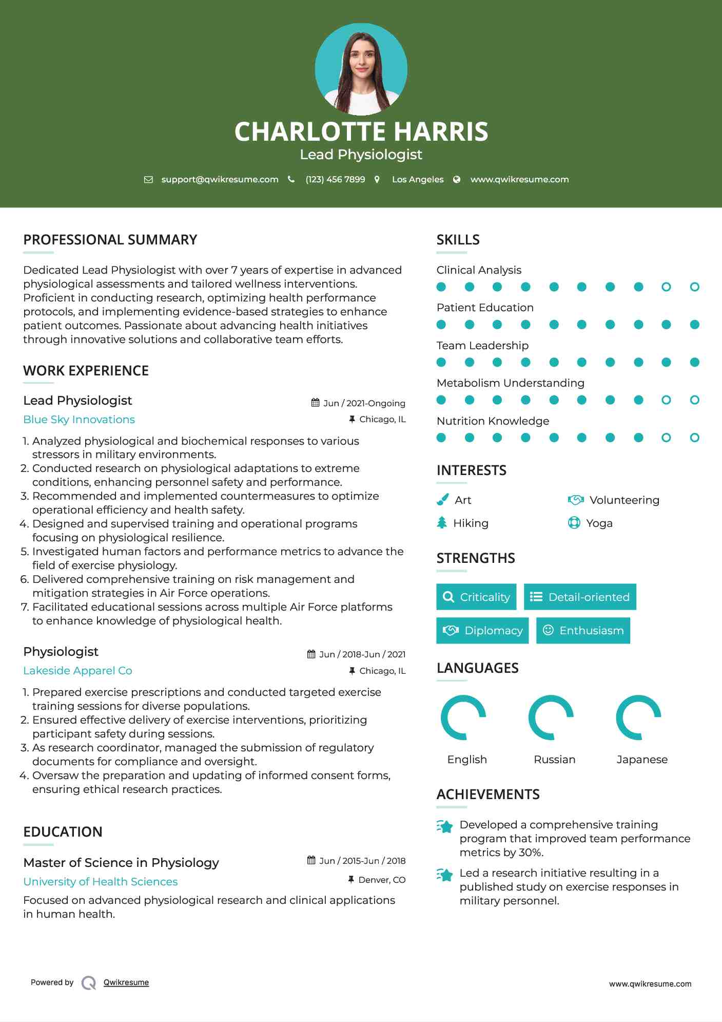 Lead Physiologist Resume Sample