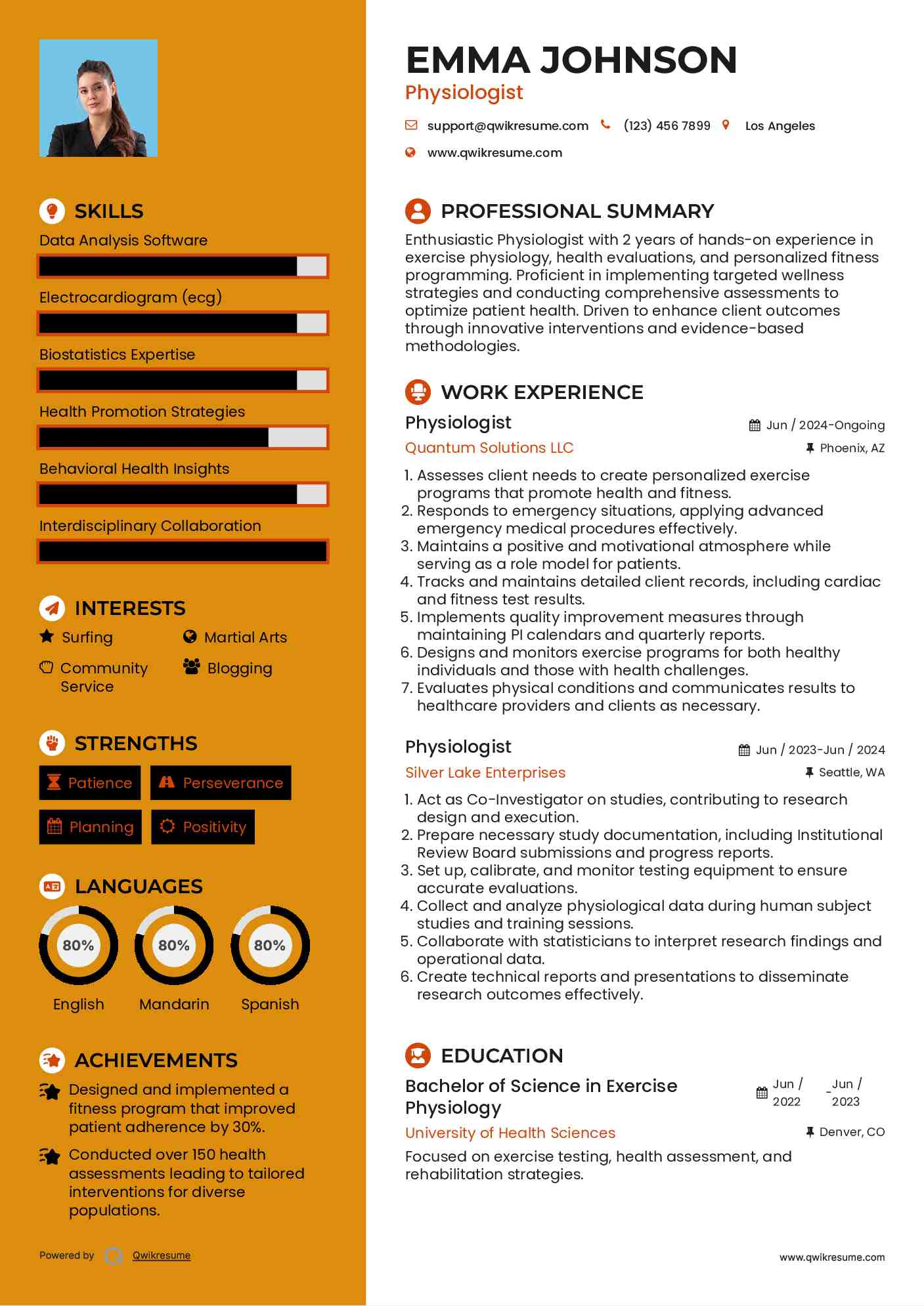 Physiologist Resume Sample