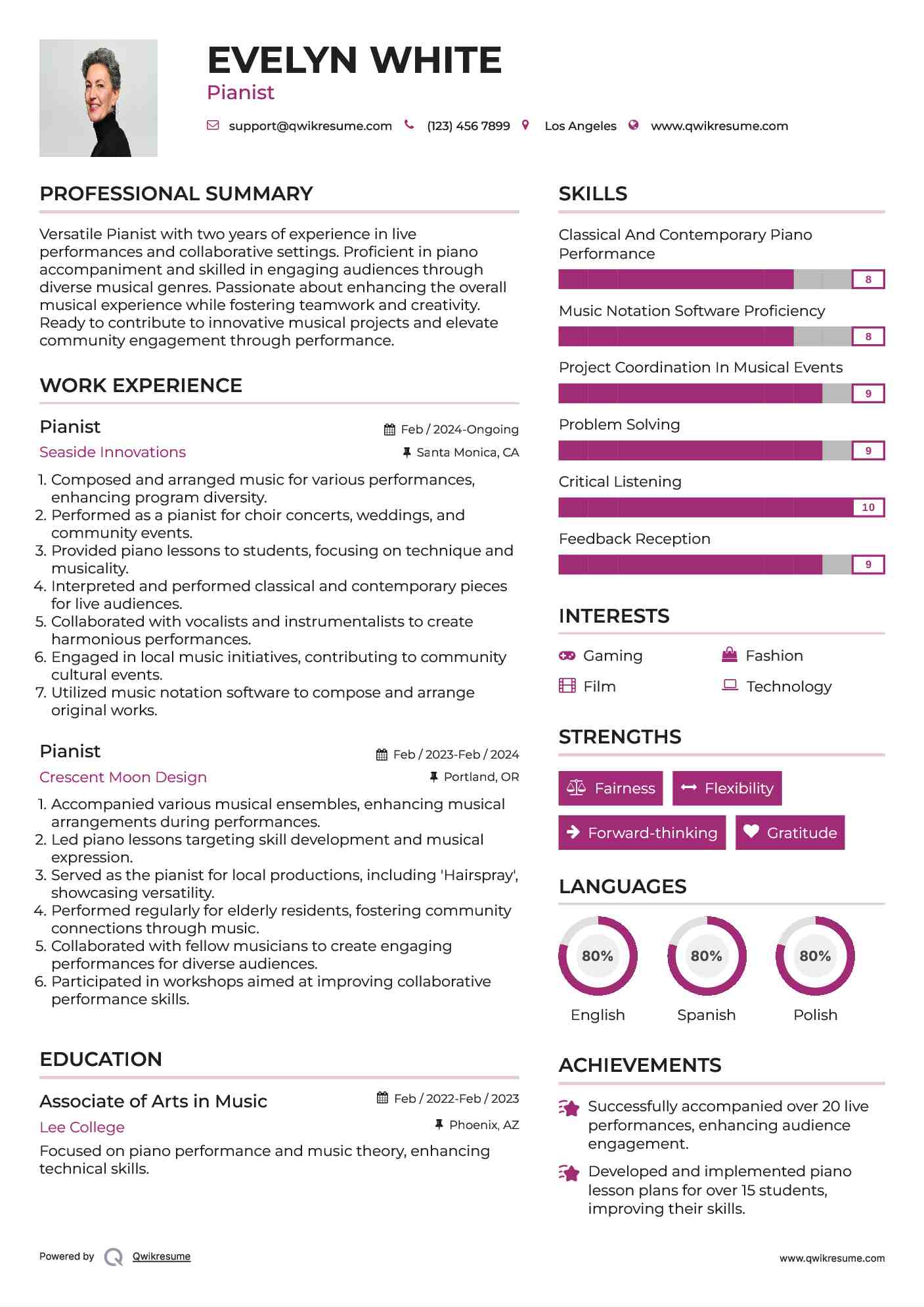 Pianist Resume Sample