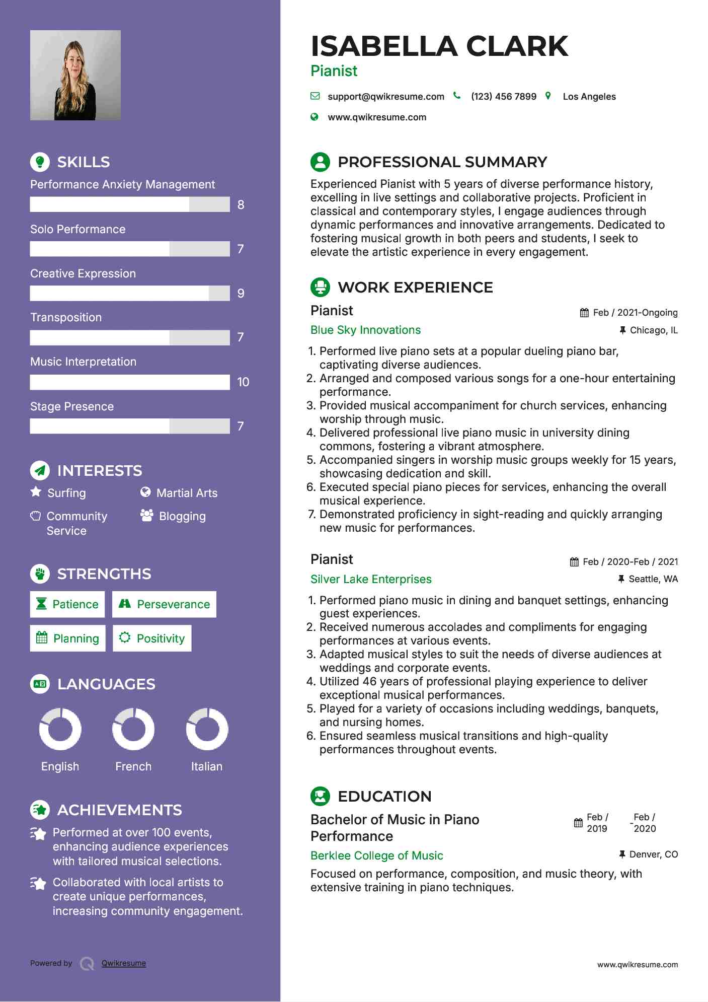 Pianist Resume Example