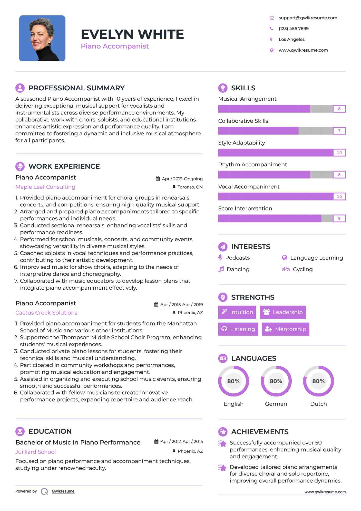 Piano Accompanist Resume Model