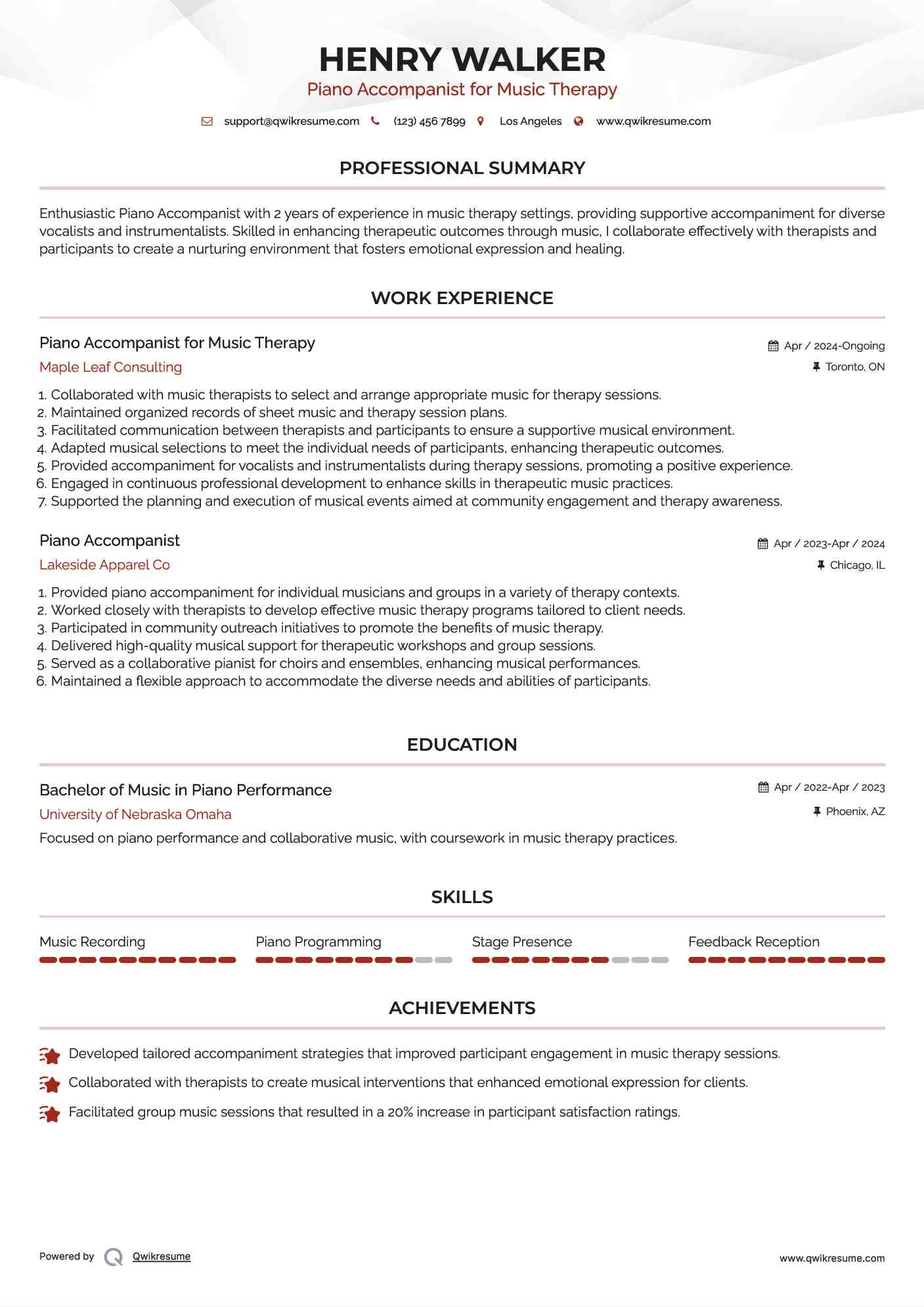 Piano Accompanist for Music Therapy Resume Format