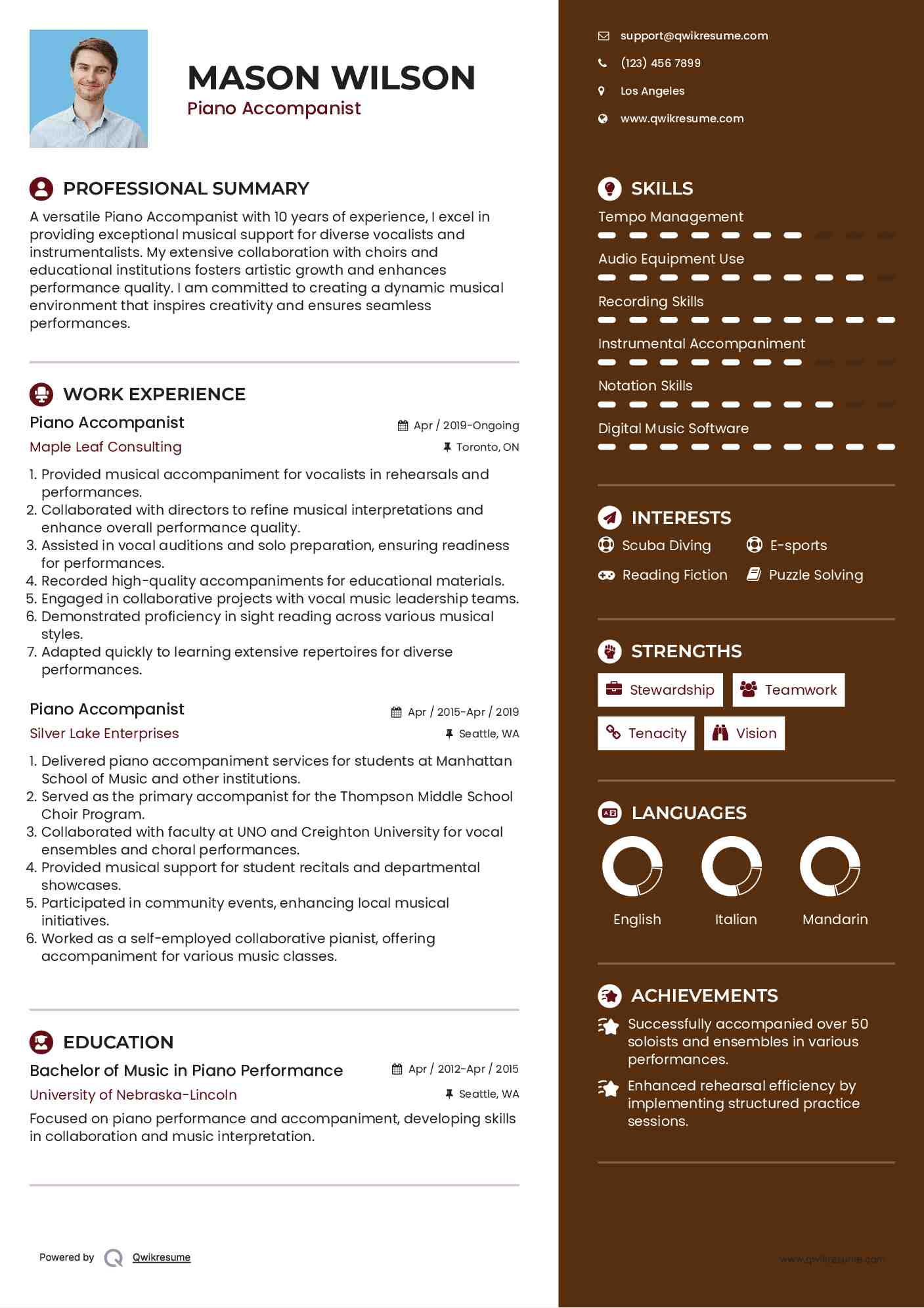 Piano Accompanist Resume Model