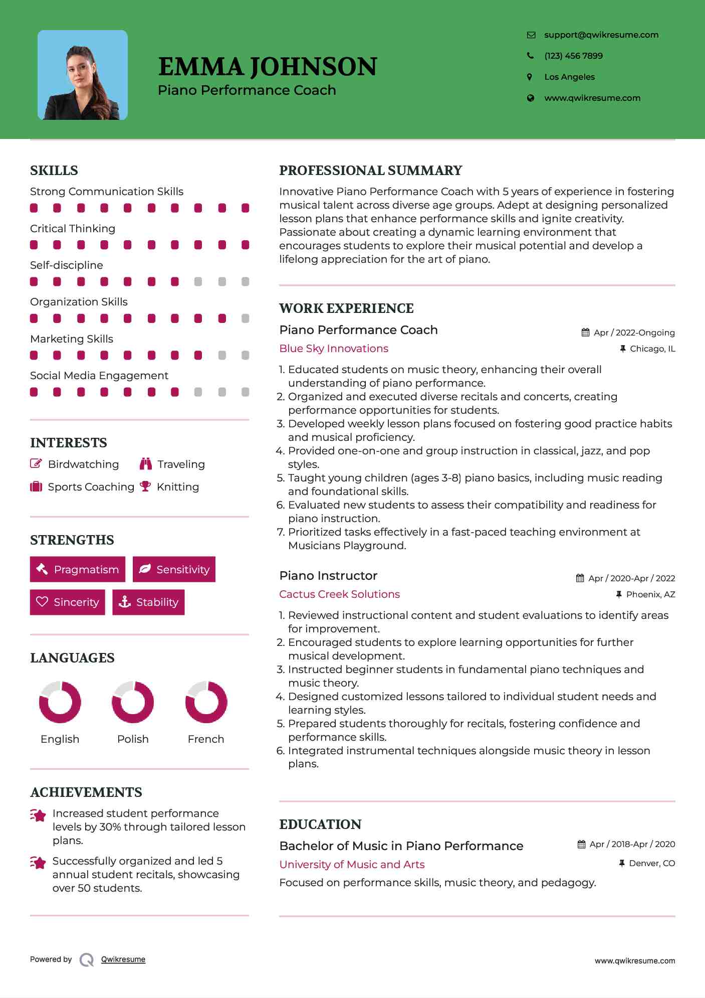 Piano Performance Coach Resume Sample