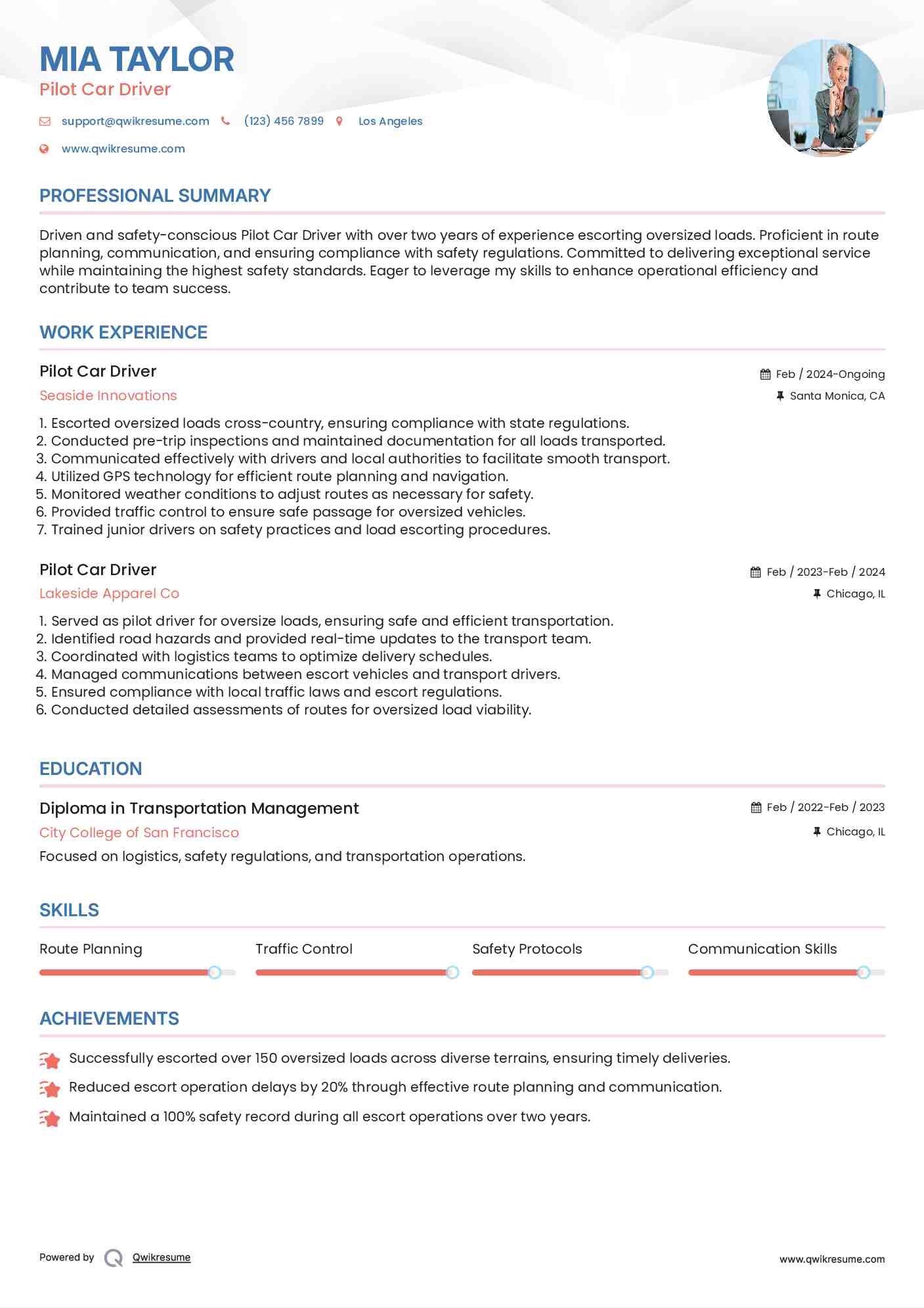 Pilot Car Driver Resume Template