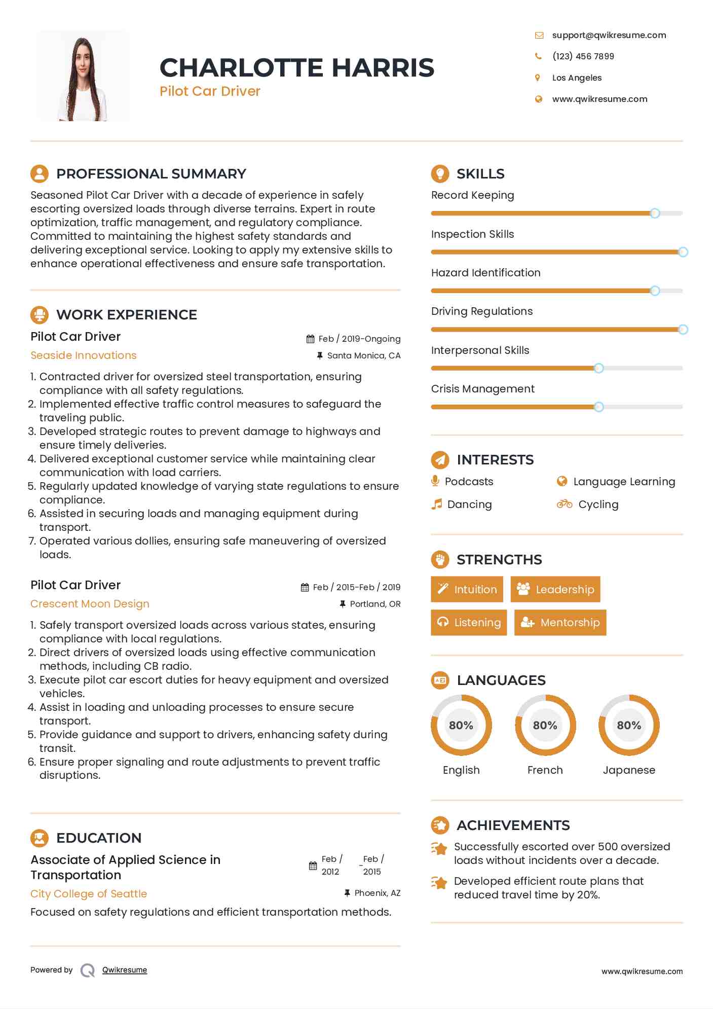 Pilot Car Driver Resume Sample