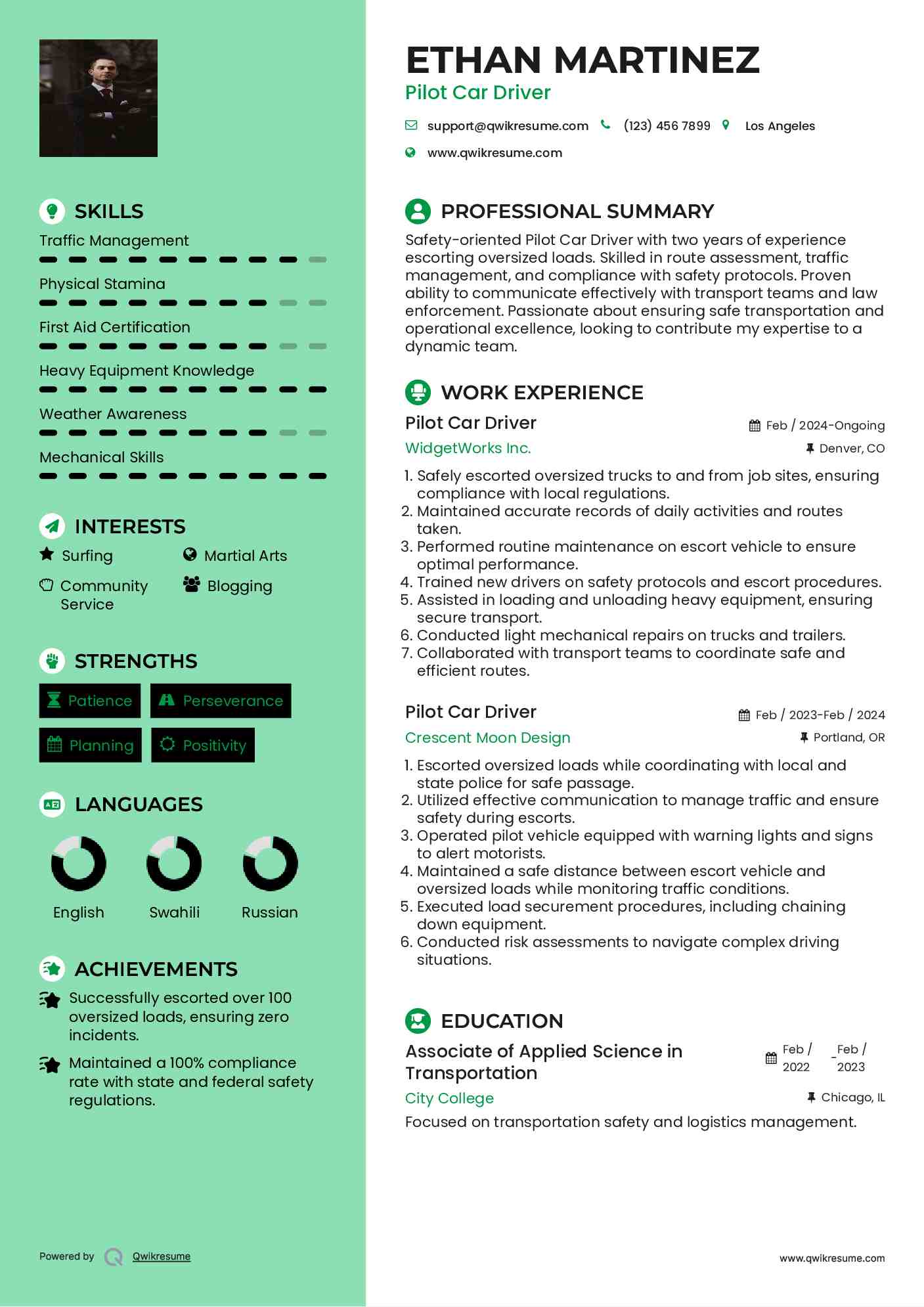 Pilot Car Driver Resume Example