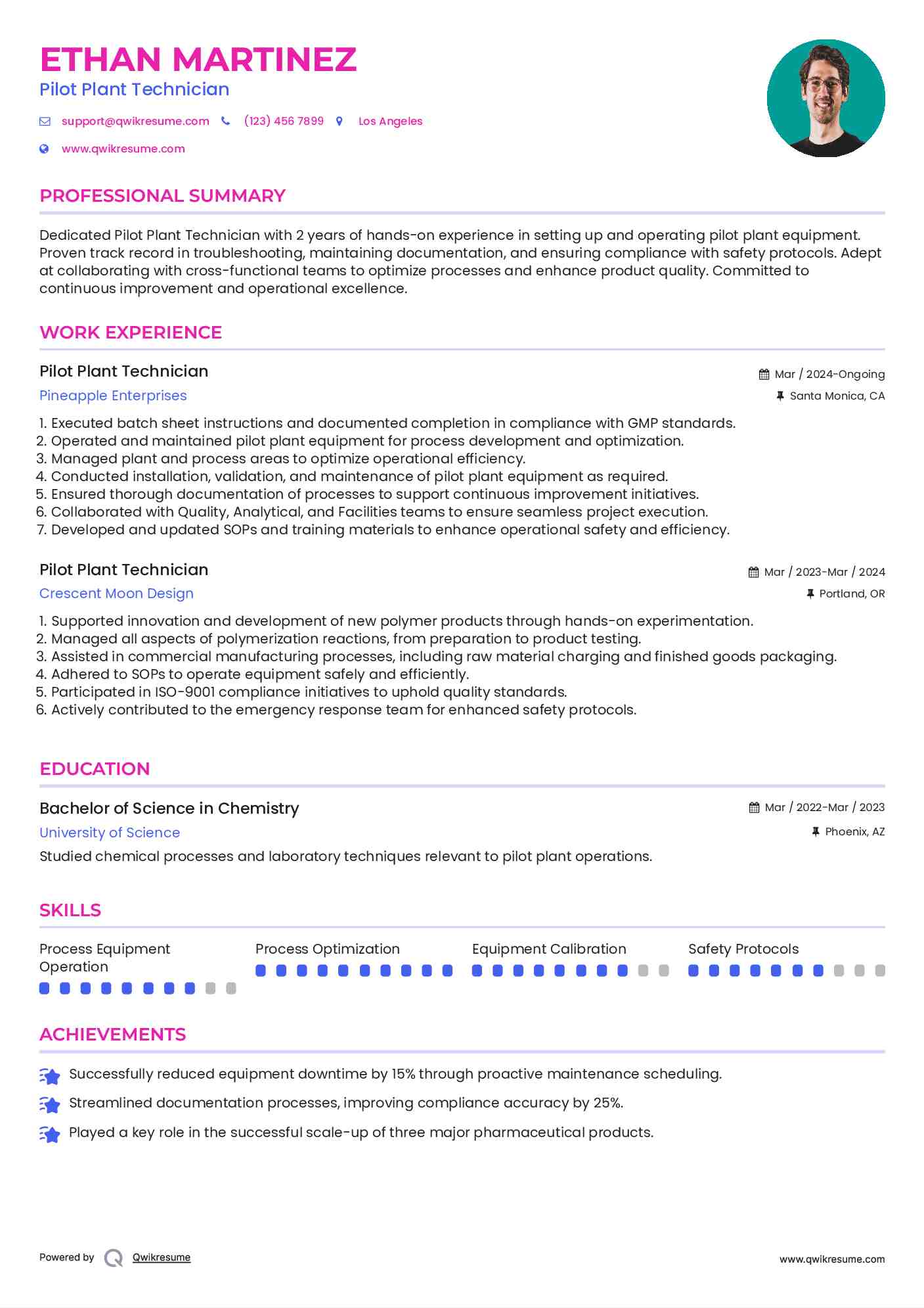 Pilot Plant Technician Resume Example