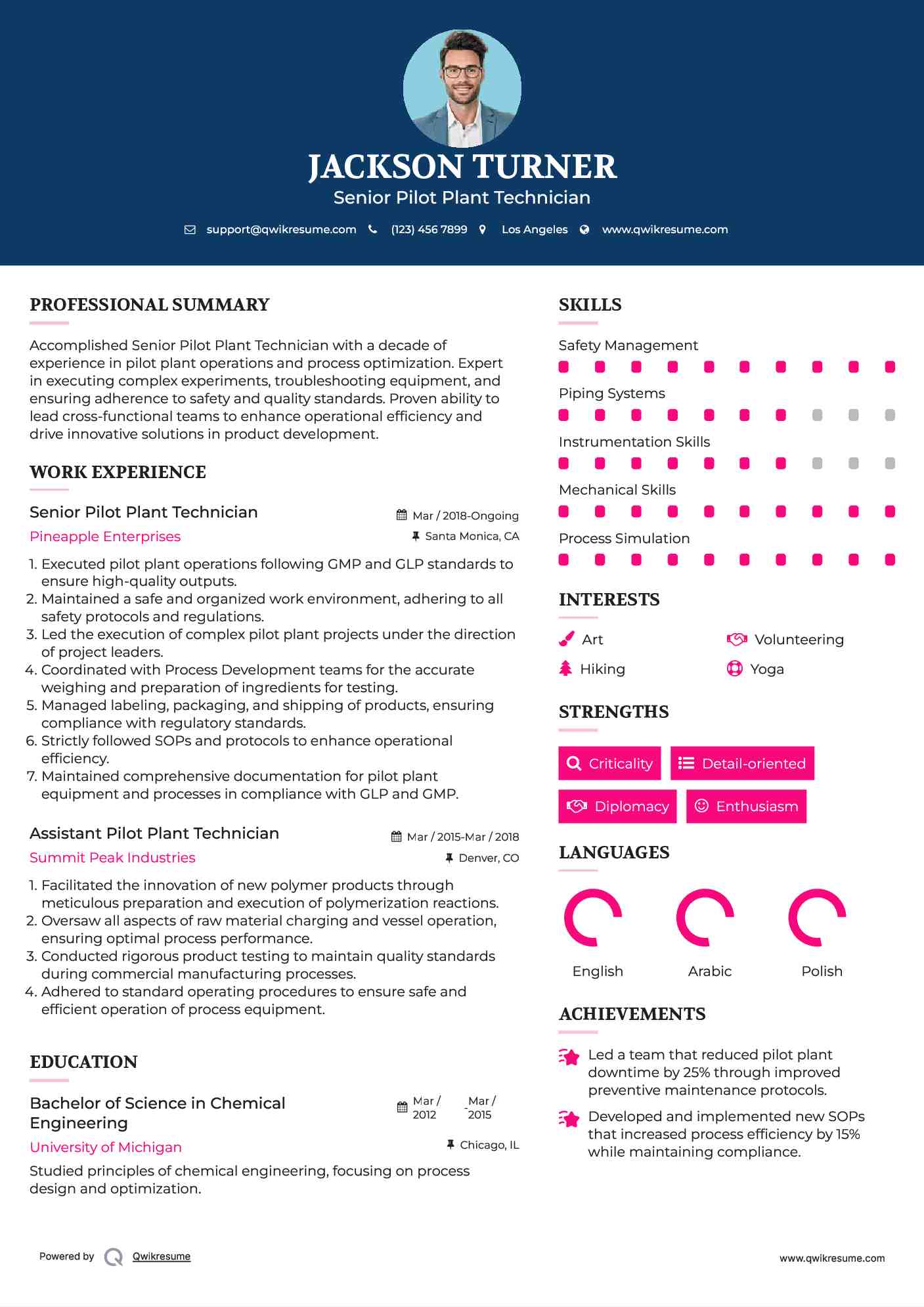 Senior Pilot Plant Technician Resume Example