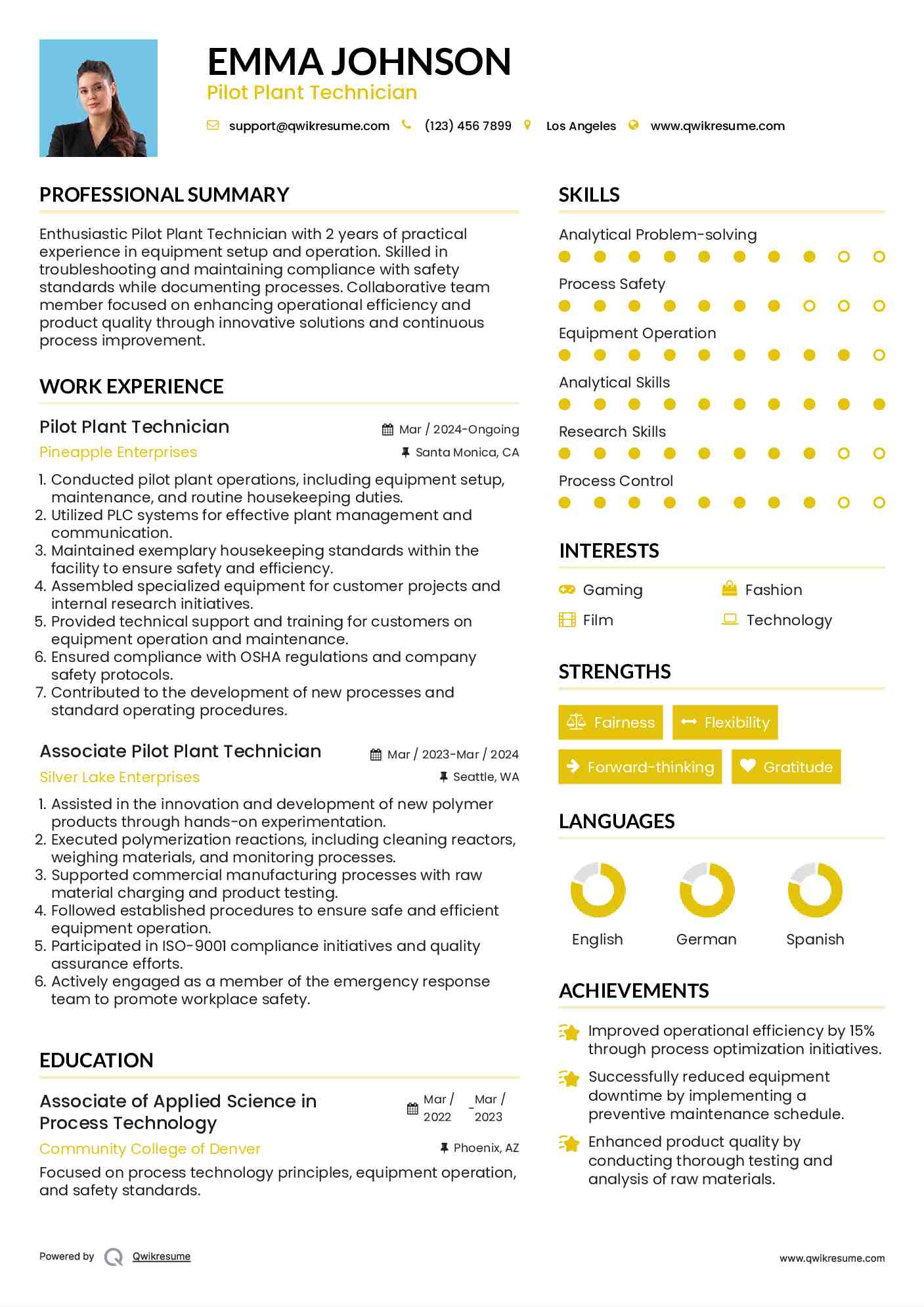 Pilot Plant Technician Resume Model