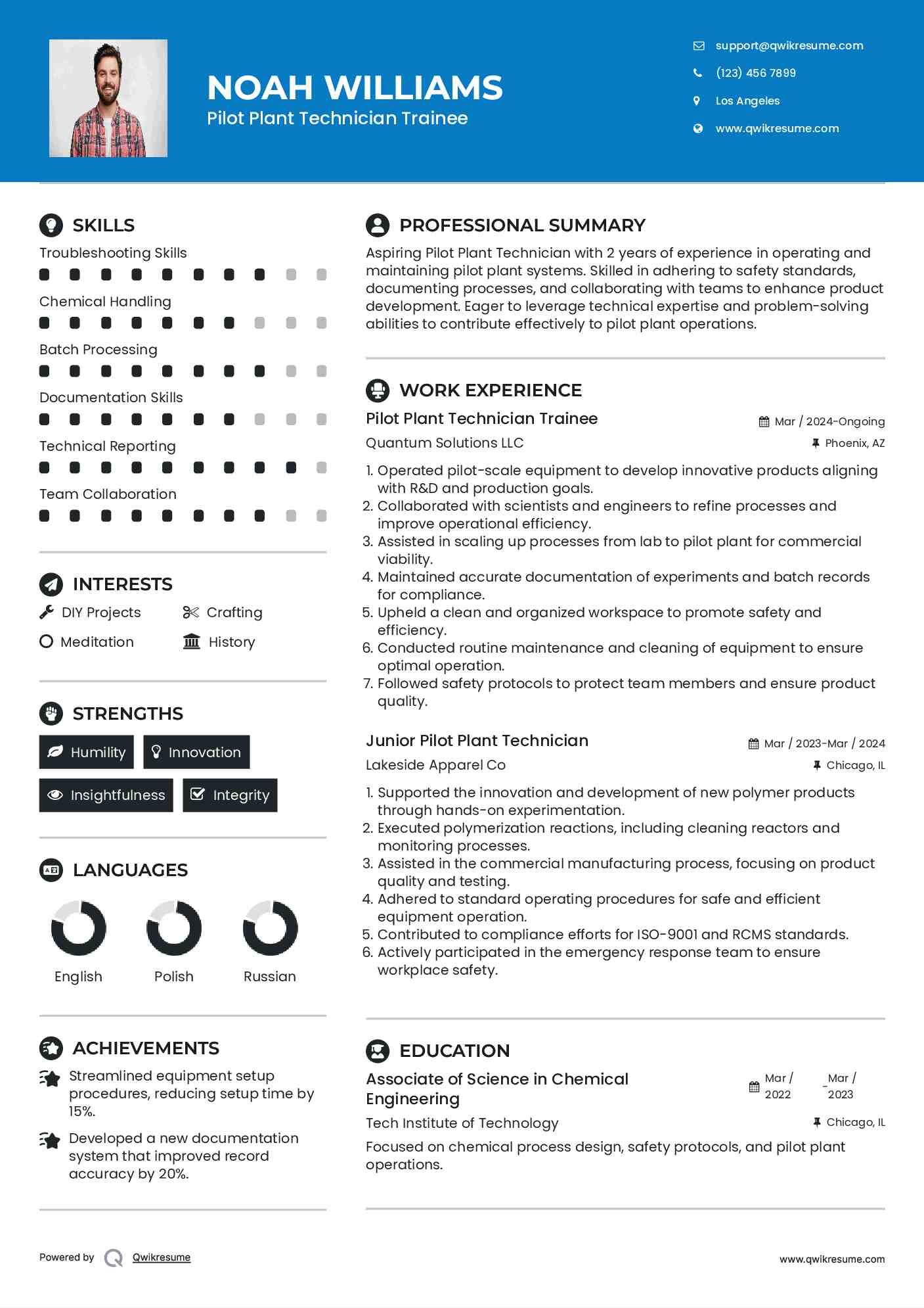 Pilot Plant Technician Trainee Resume Format