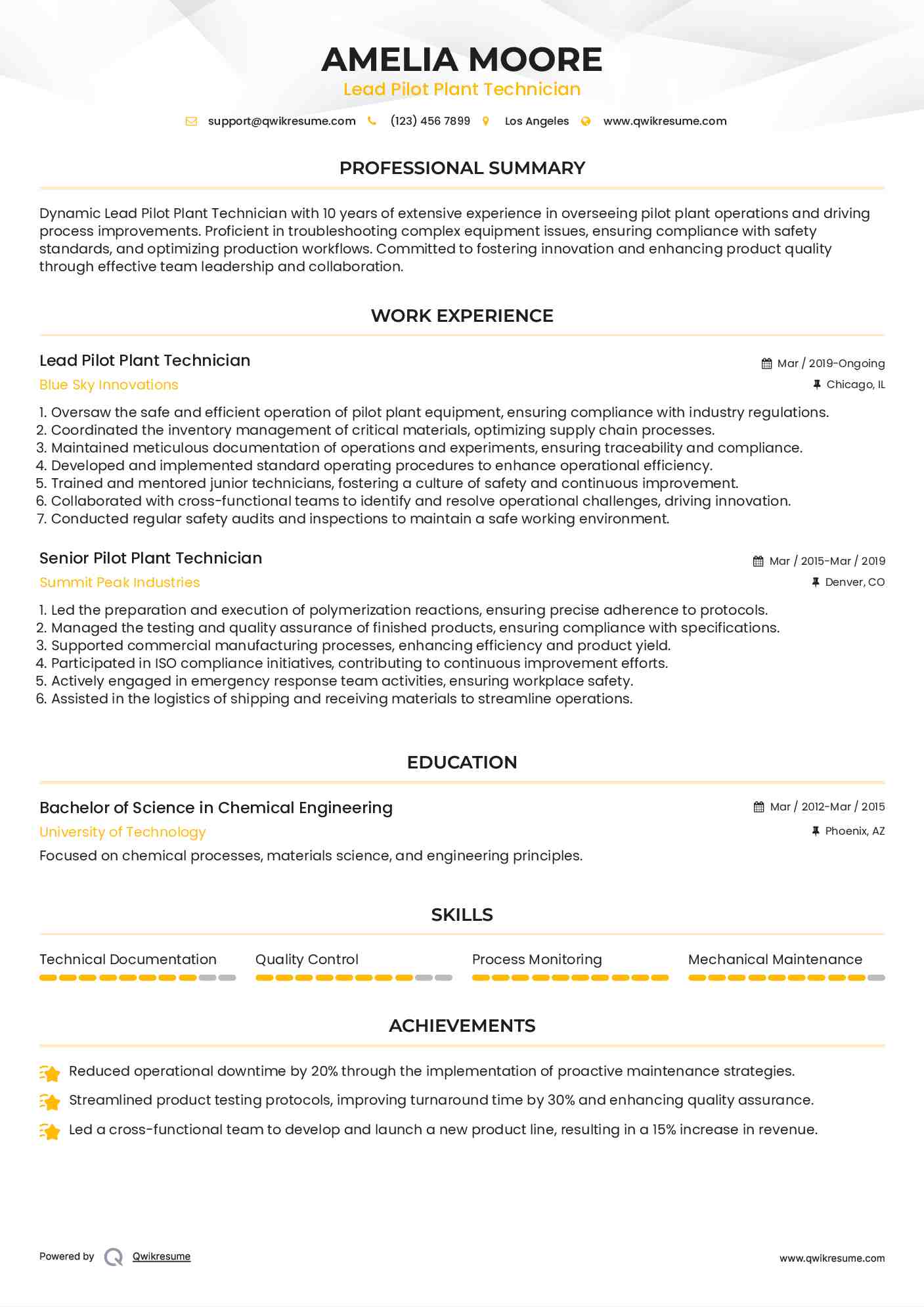 Lead Pilot Plant Technician Resume Template