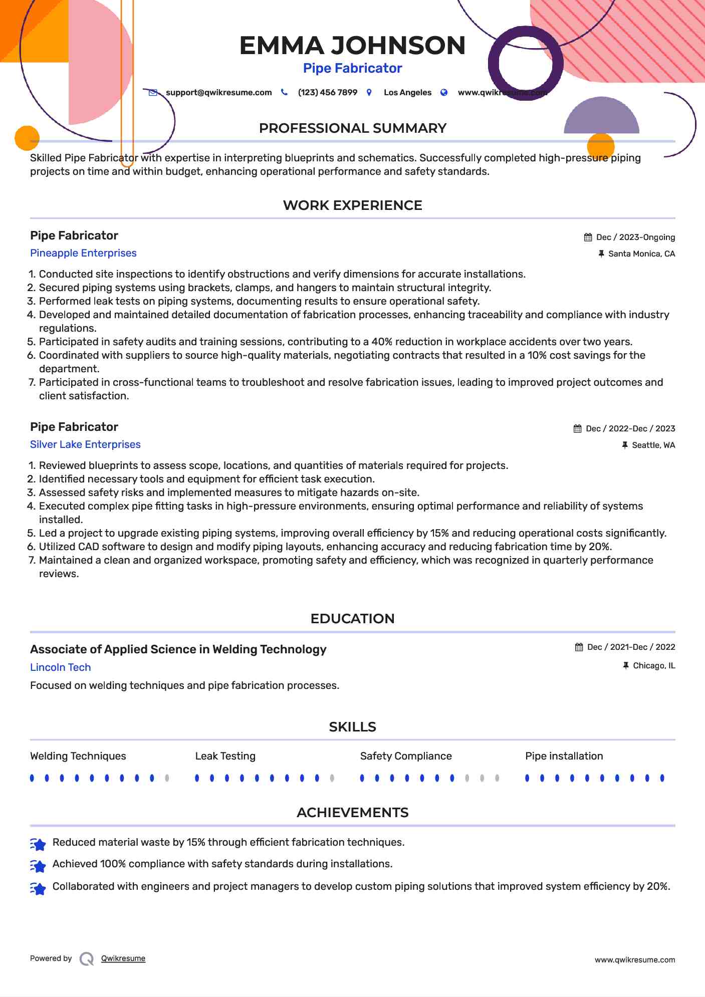 Pipe Fabricator Resume Sample