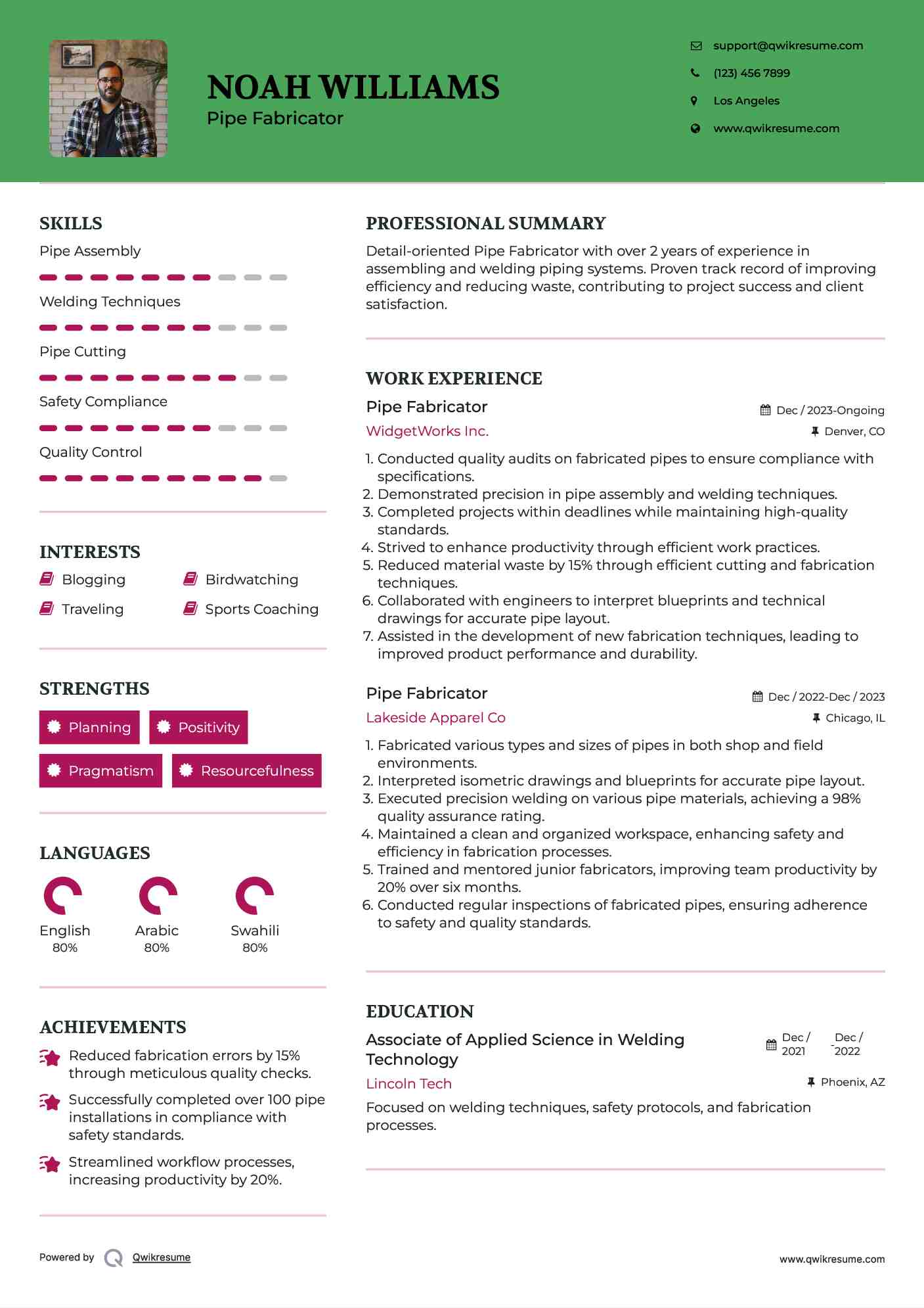 Pipe Fabricator Resume Sample