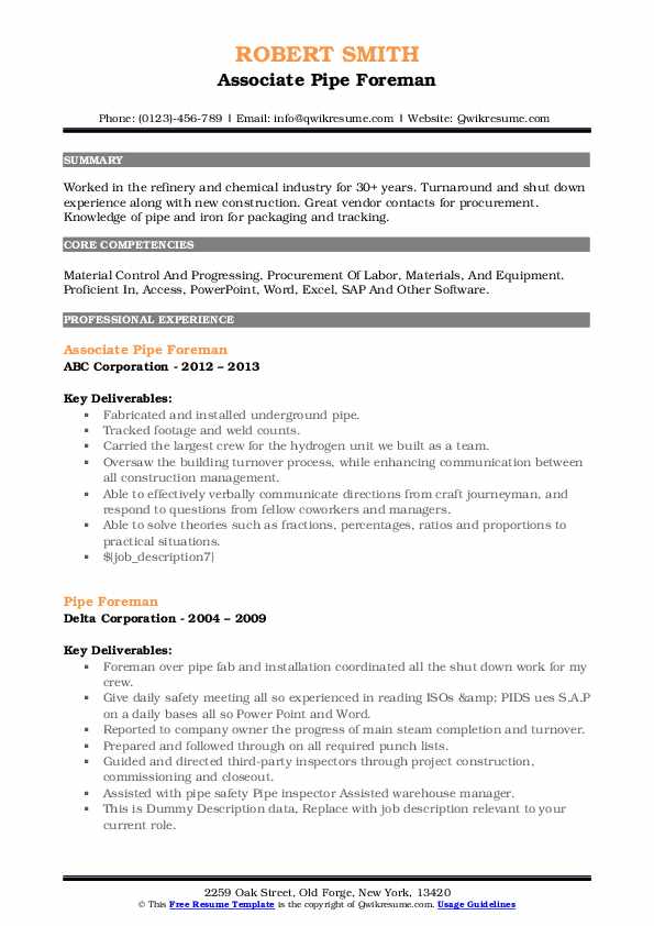Pipe Foreman Resume Samples QwikResume