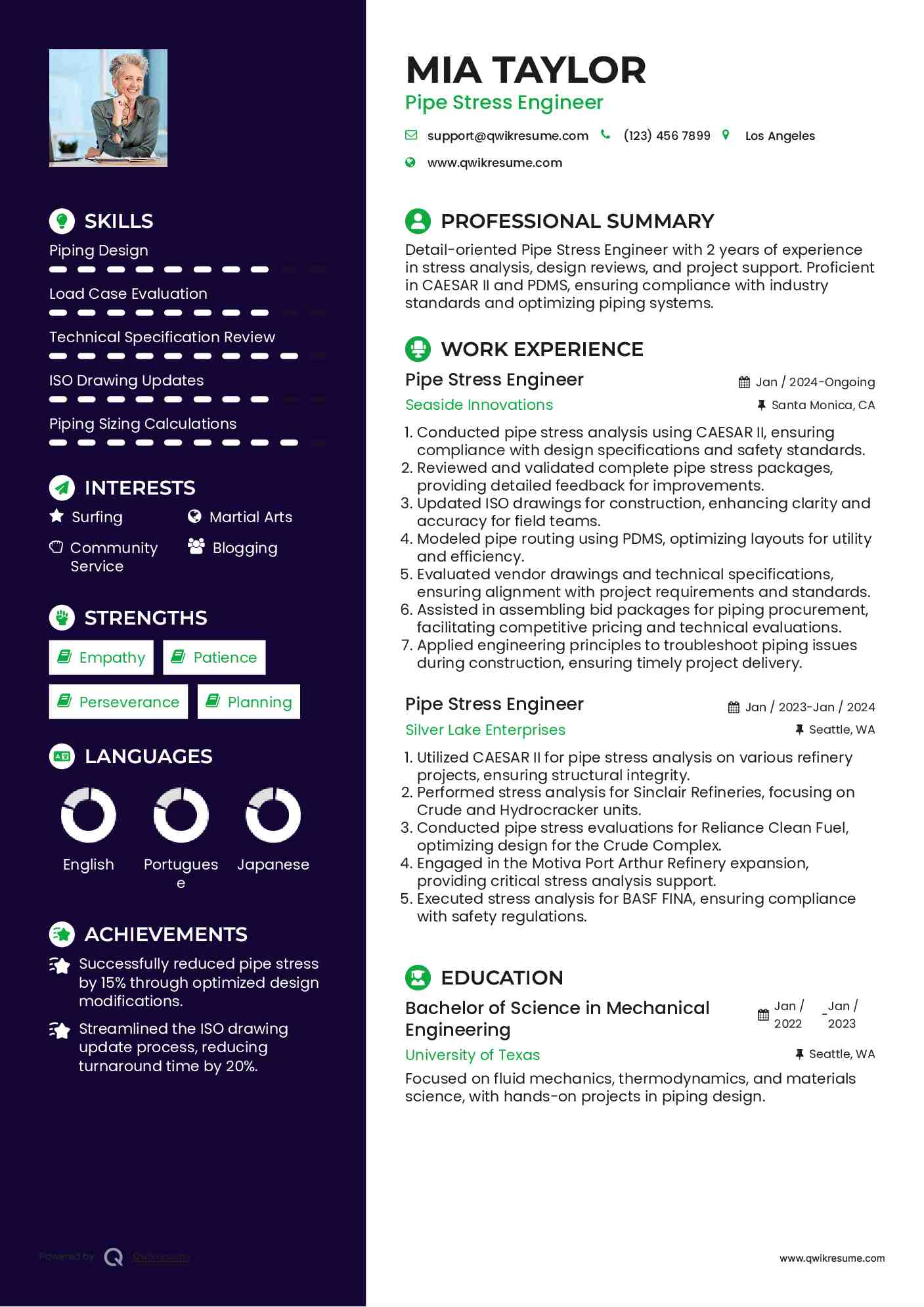 Pipe Stress Engineer Resume Example