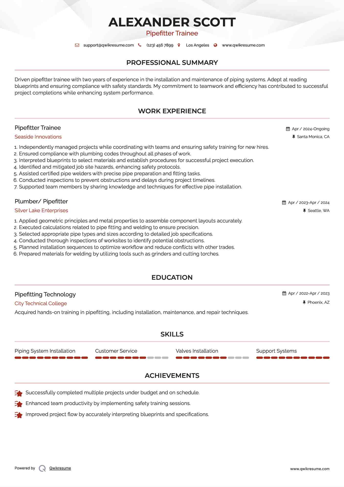 Pipefitter Trainee Resume Format
