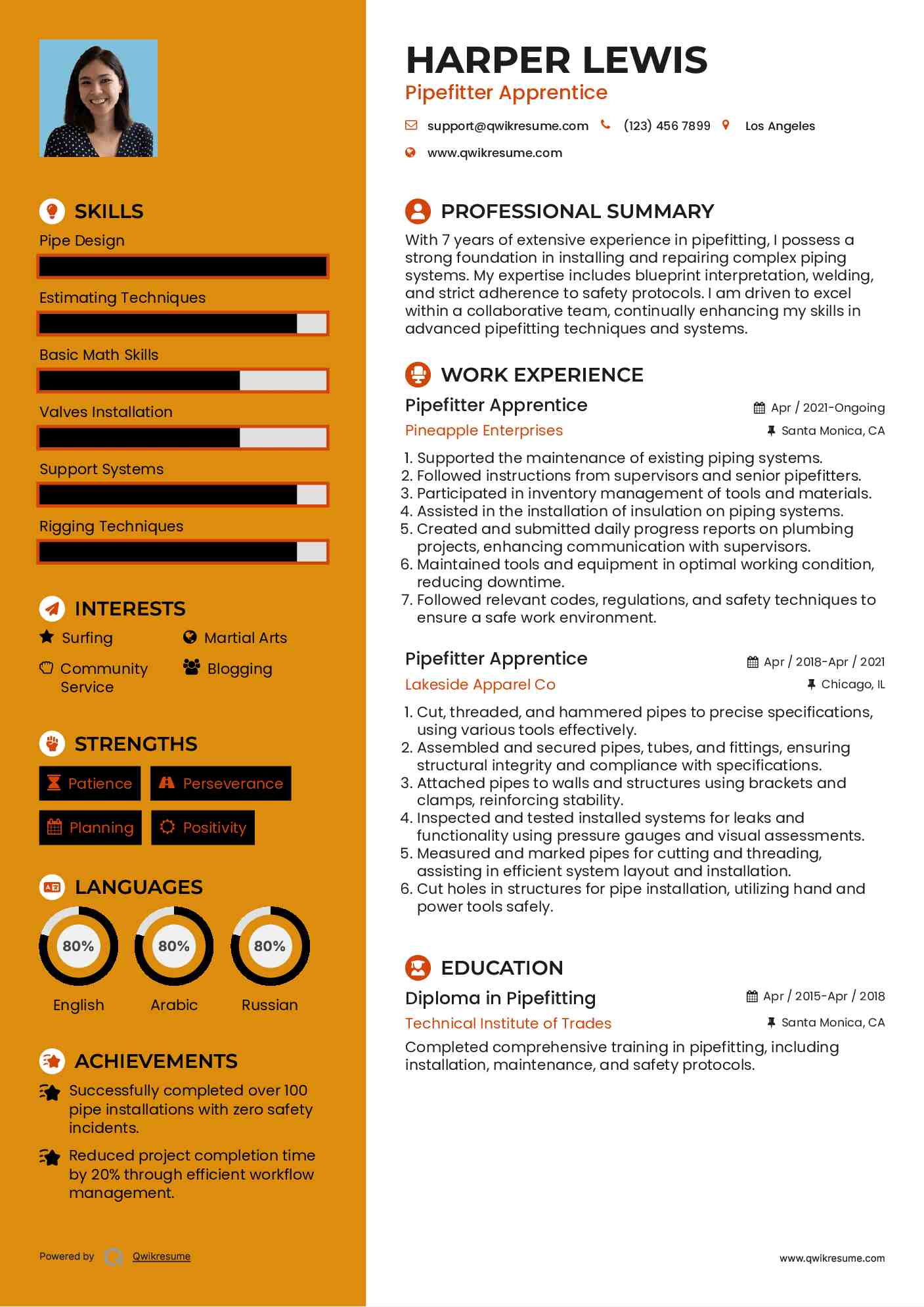 Pipefitter Apprentice Resume Samples QwikResume