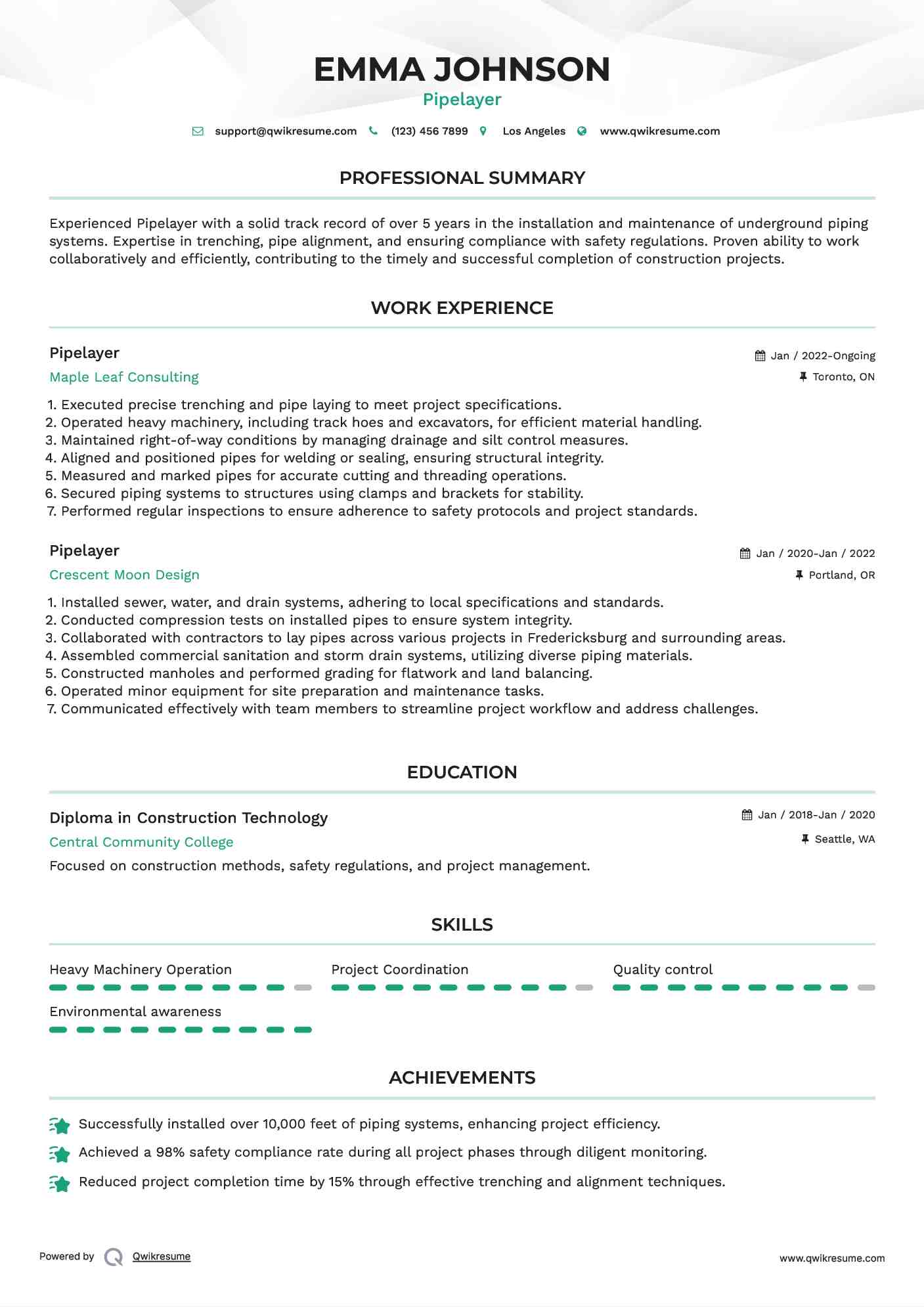 Pipelayer Resume Samples QwikResume