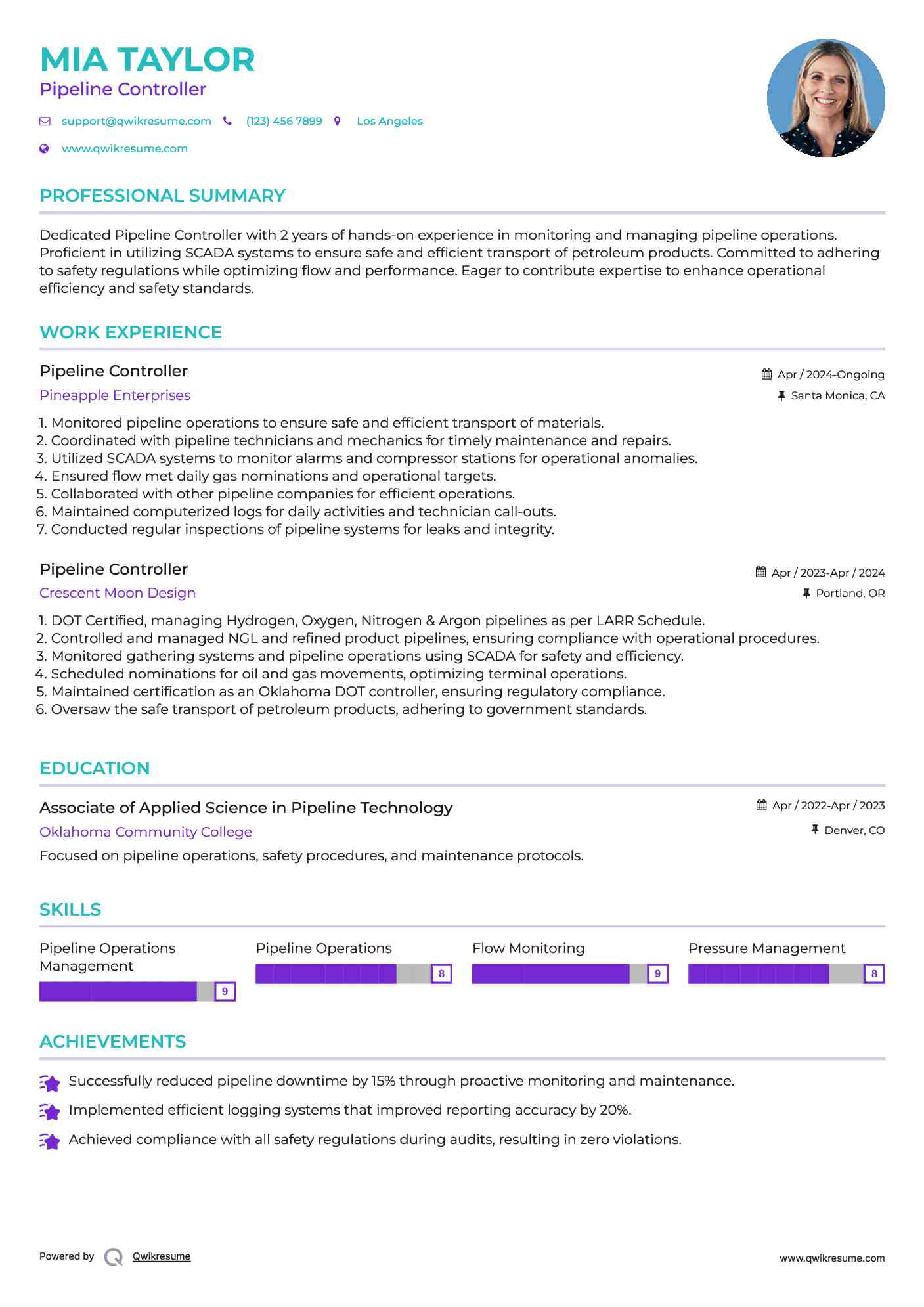 Pipeline Controller Resume Sample