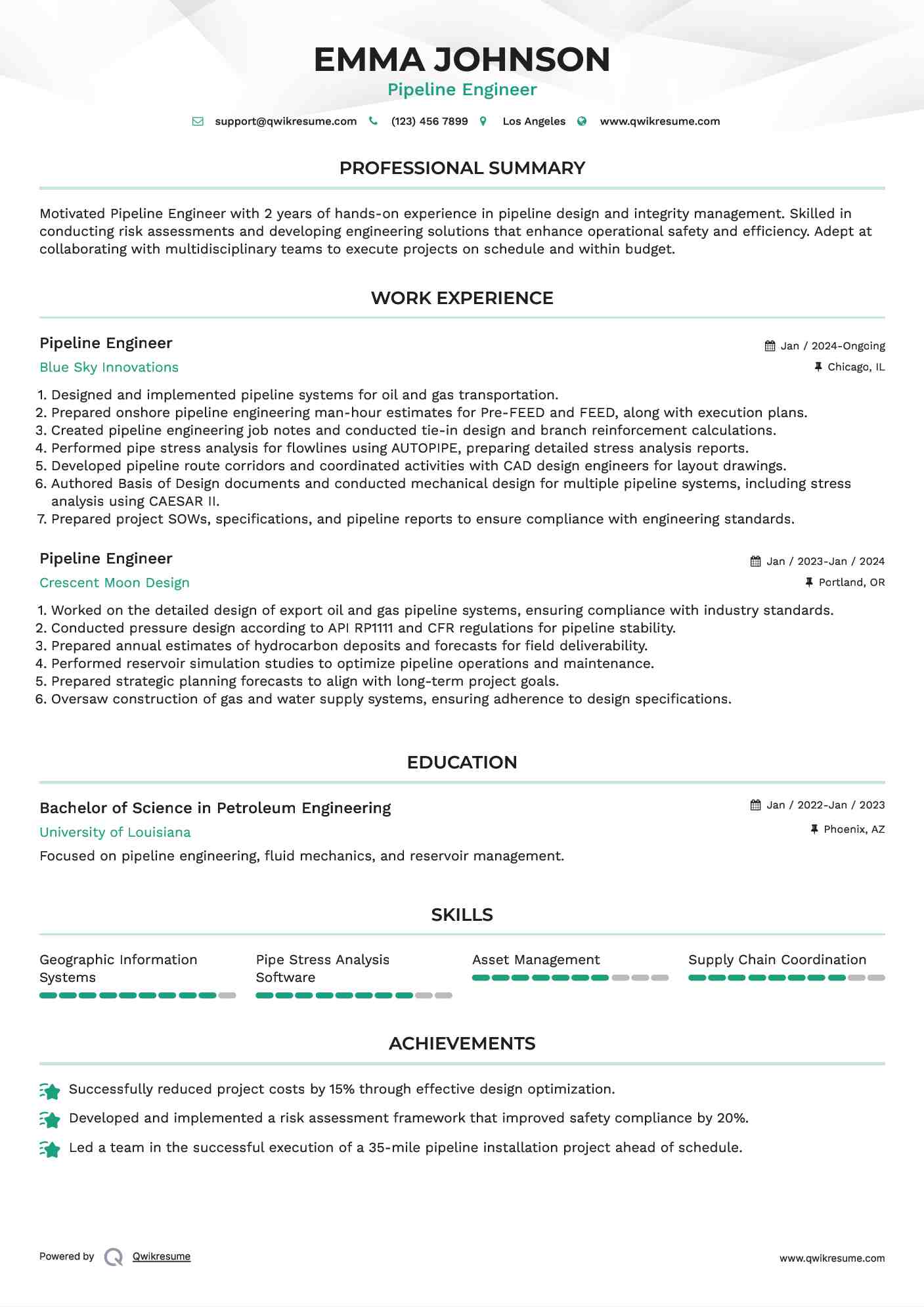 Pipeline Engineer Resume Example