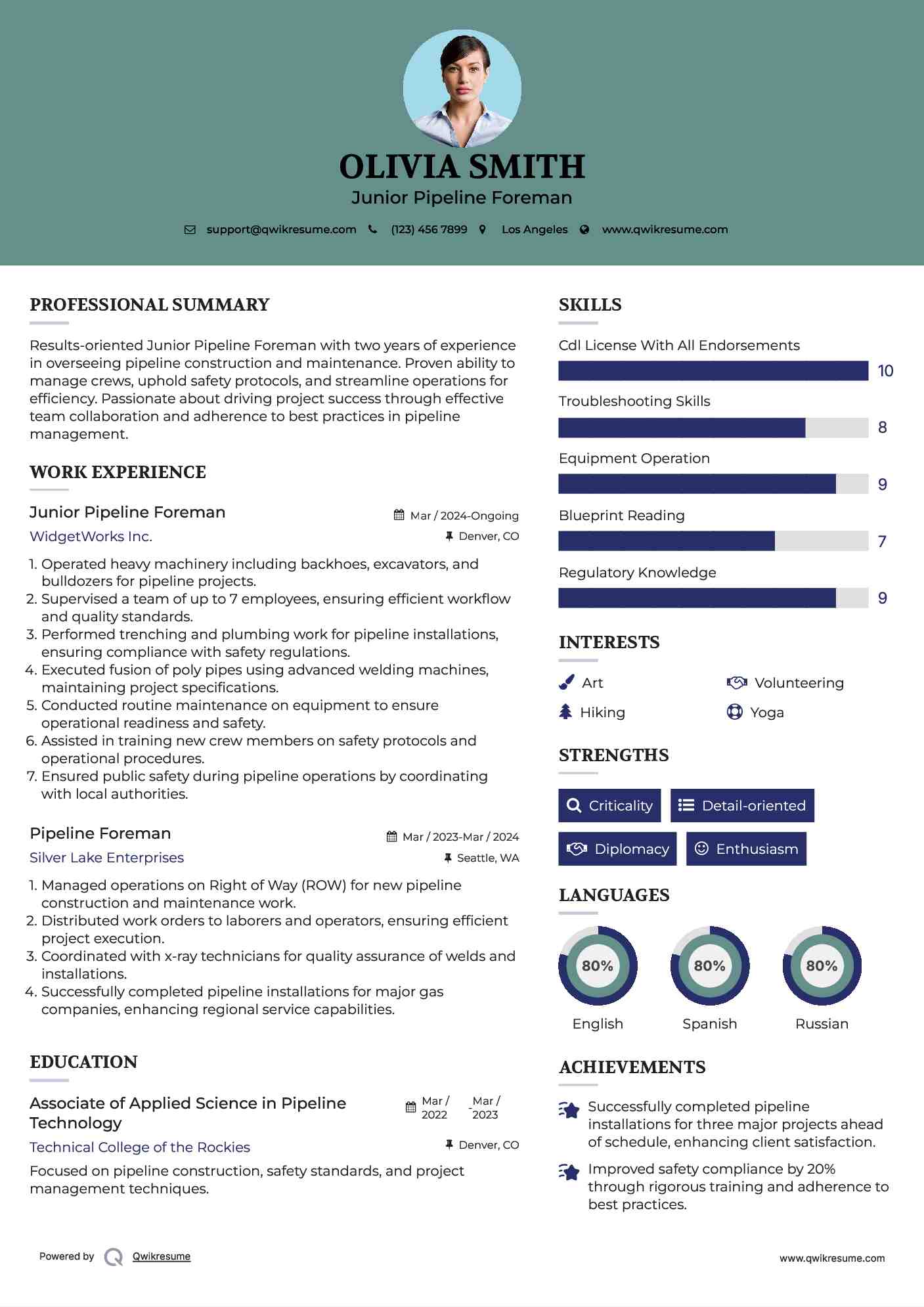 Junior Pipeline Foreman Resume Sample