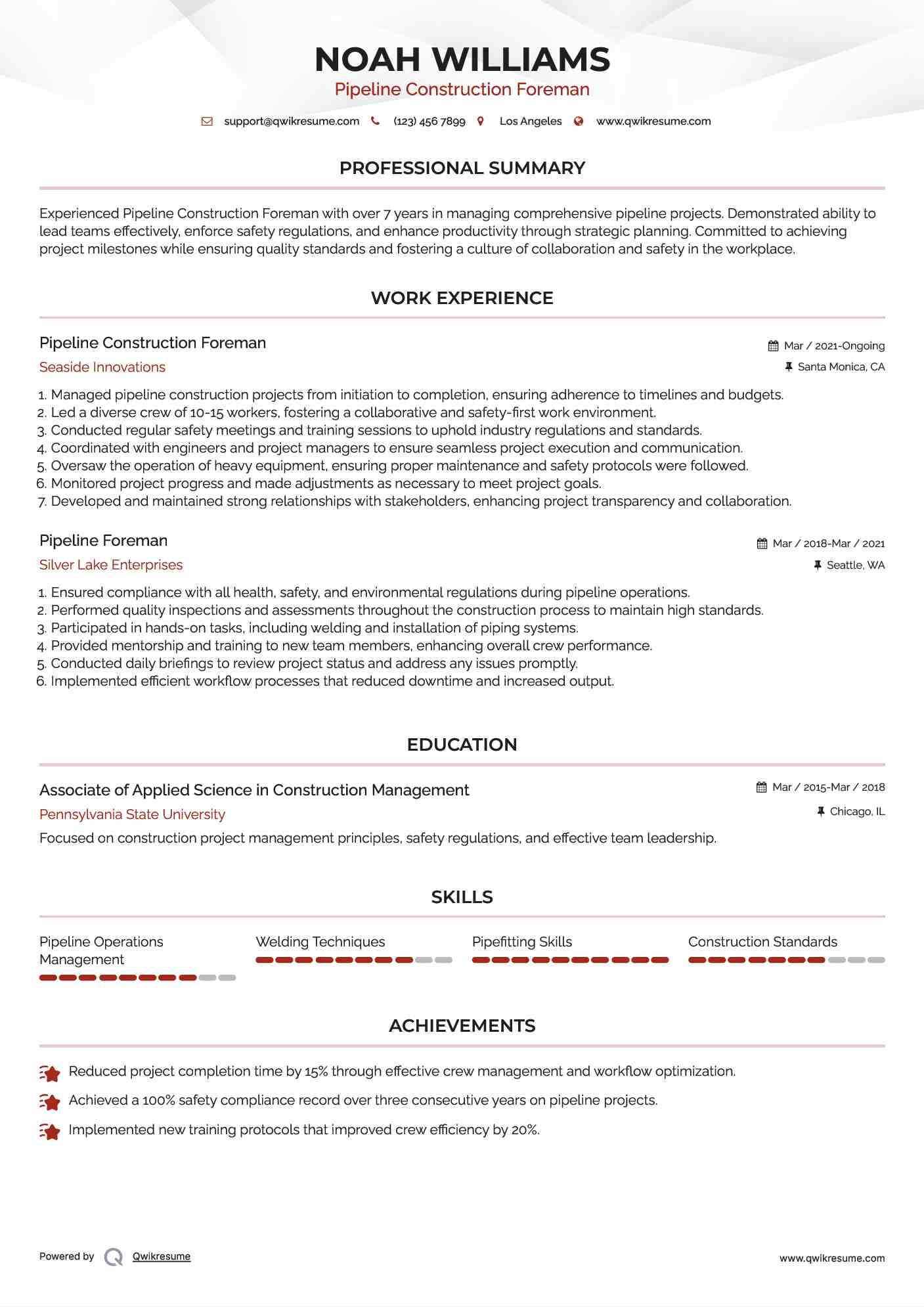 Pipeline Construction Foreman
 Resume Format