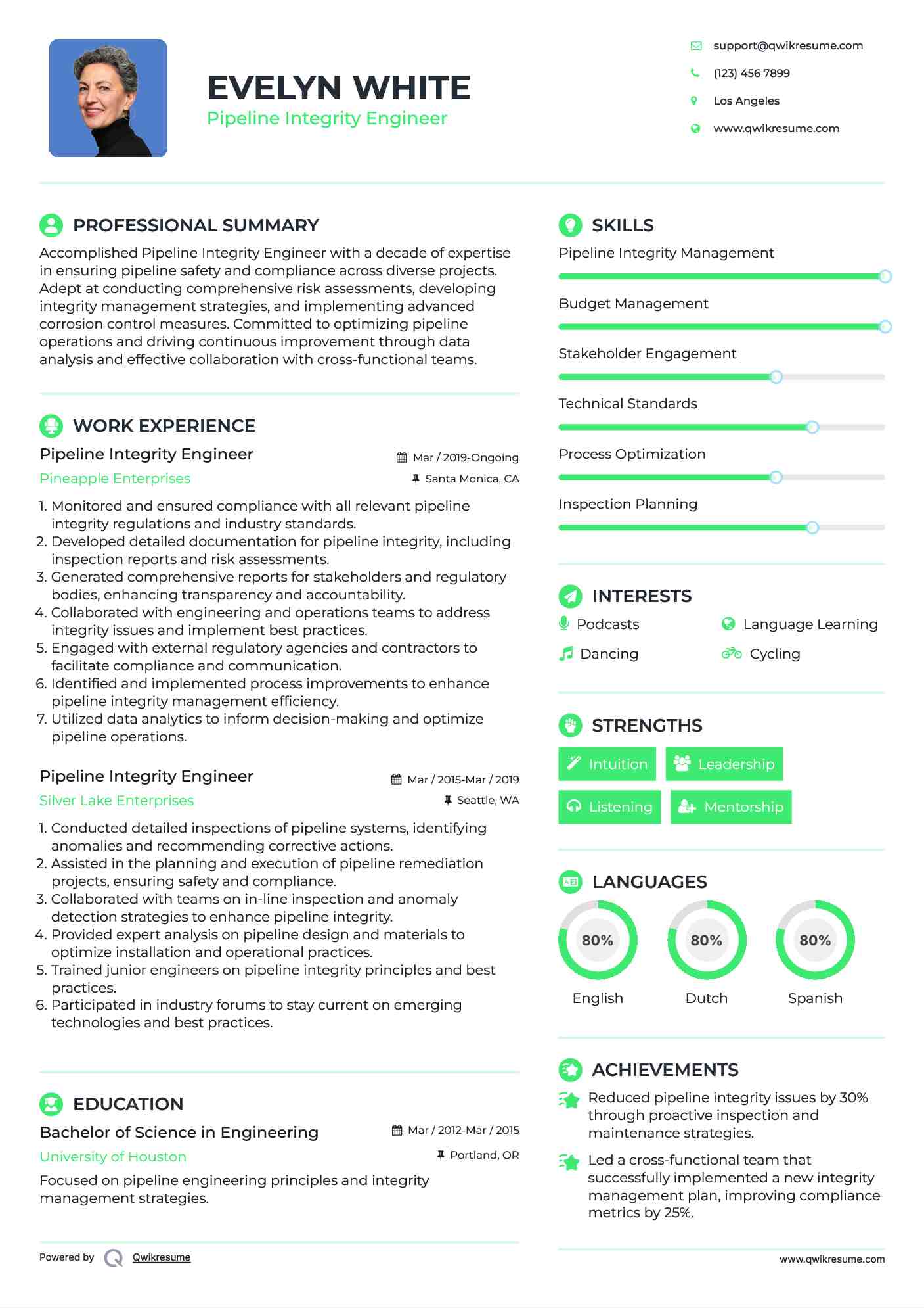 Pipeline Integrity Engineer Resume Template