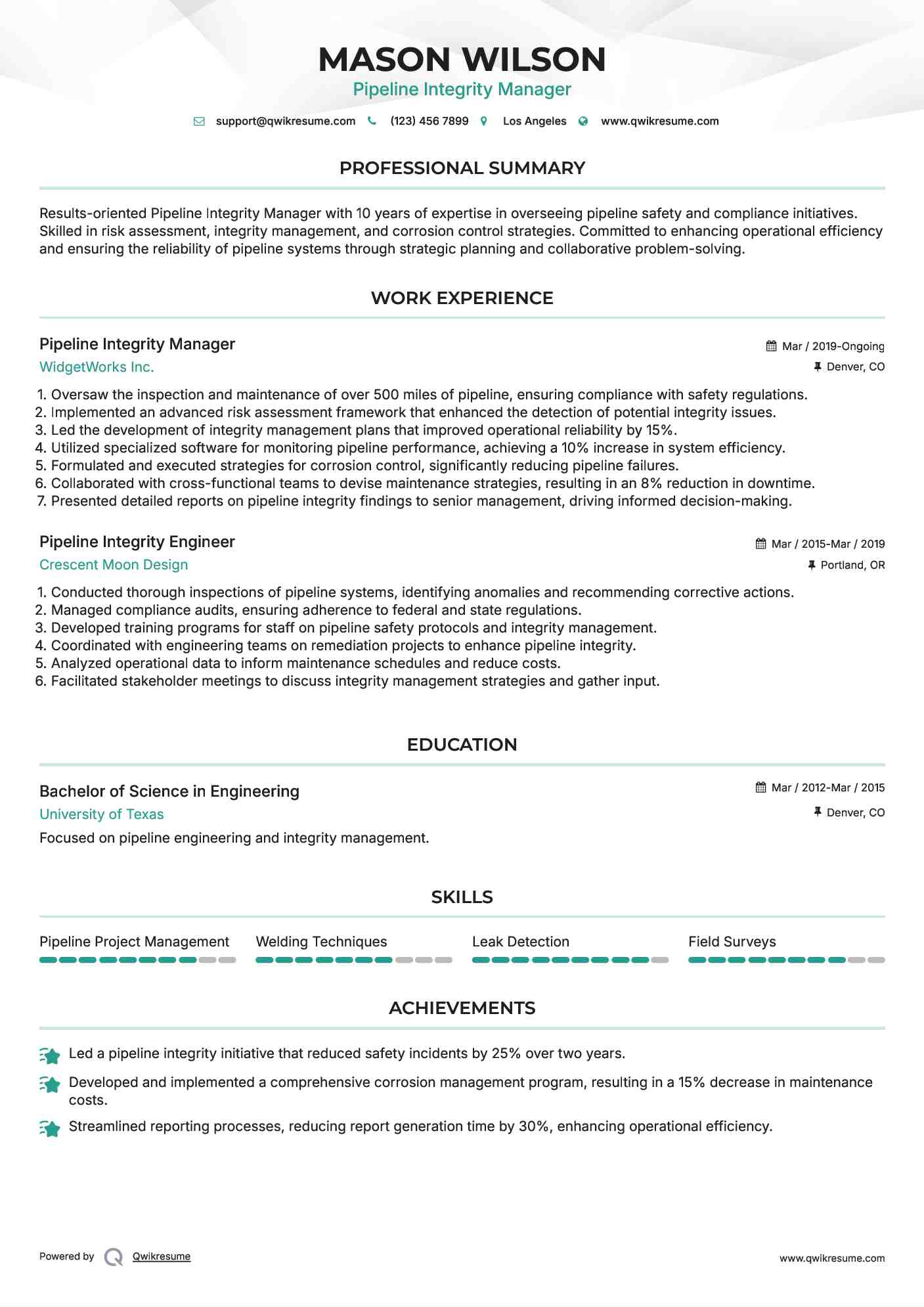 Pipeline Integrity Manager Resume Sample